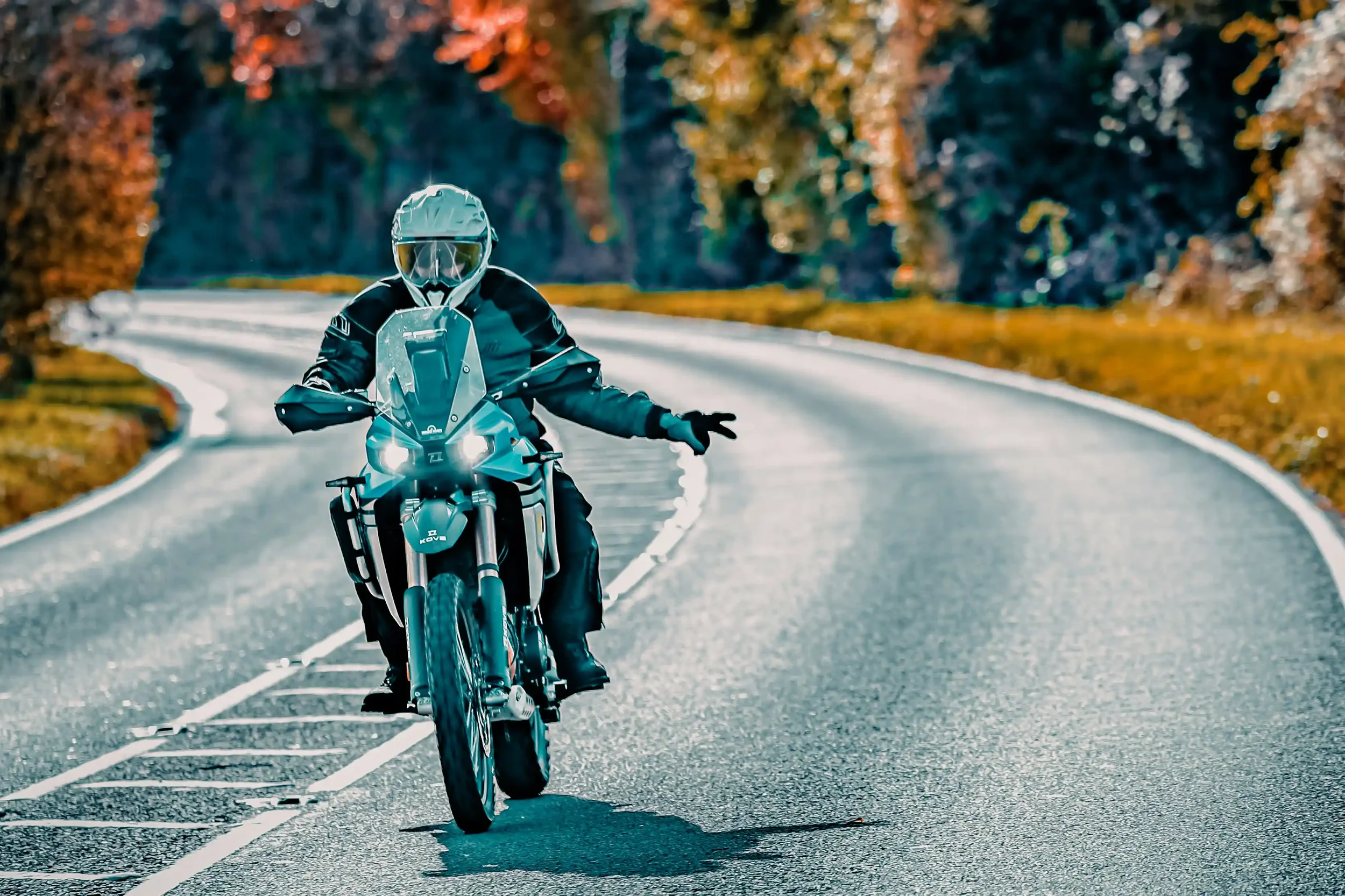 Person on a motorcycle wearing a helmet and gear, riding on a winding road through colorful trees.
