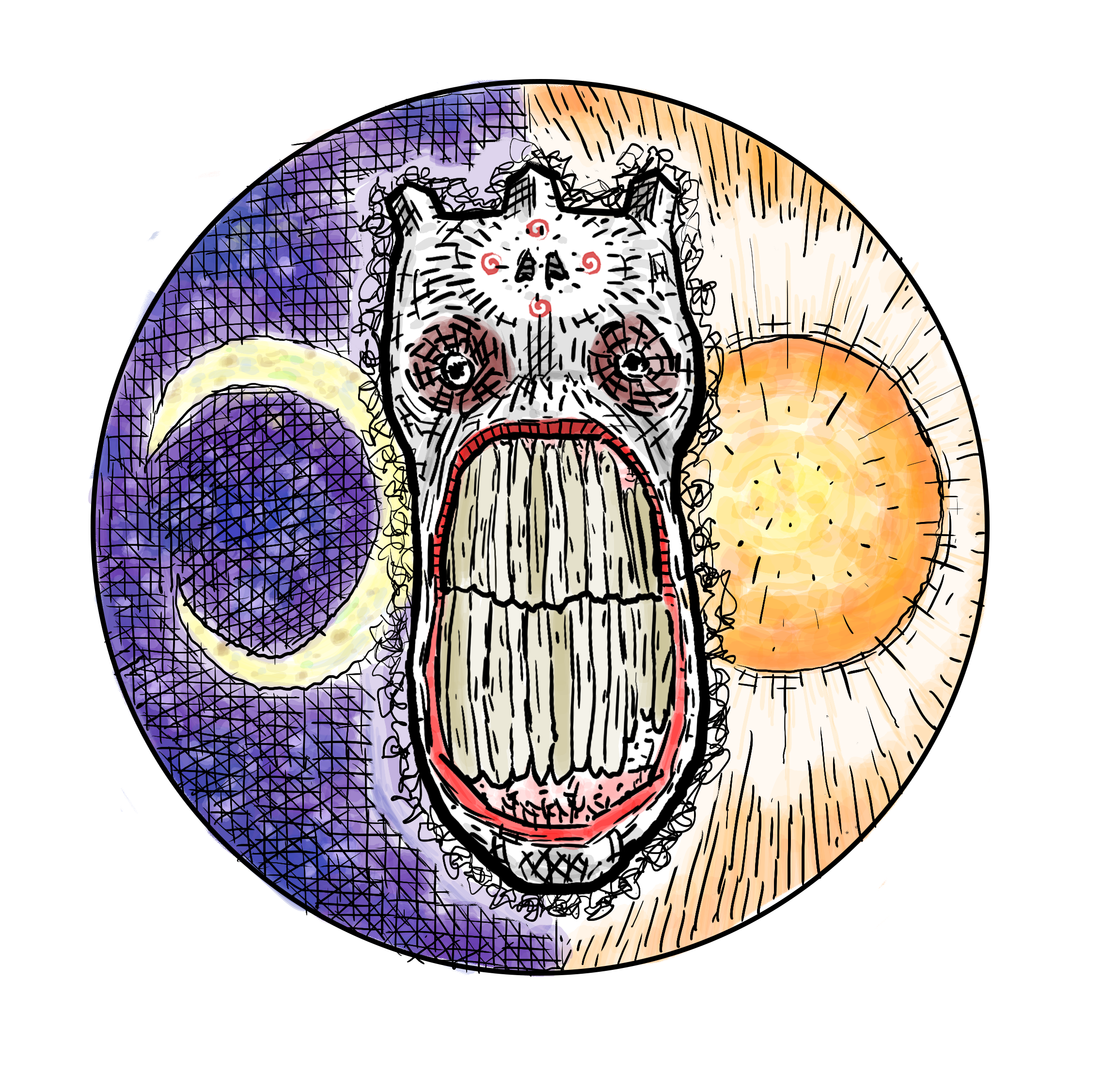A colorful, artistic drawing of a face with a wide-open mouth, surrounded by a moon on the left and a sun on the right, all enclosed in a circular border.
