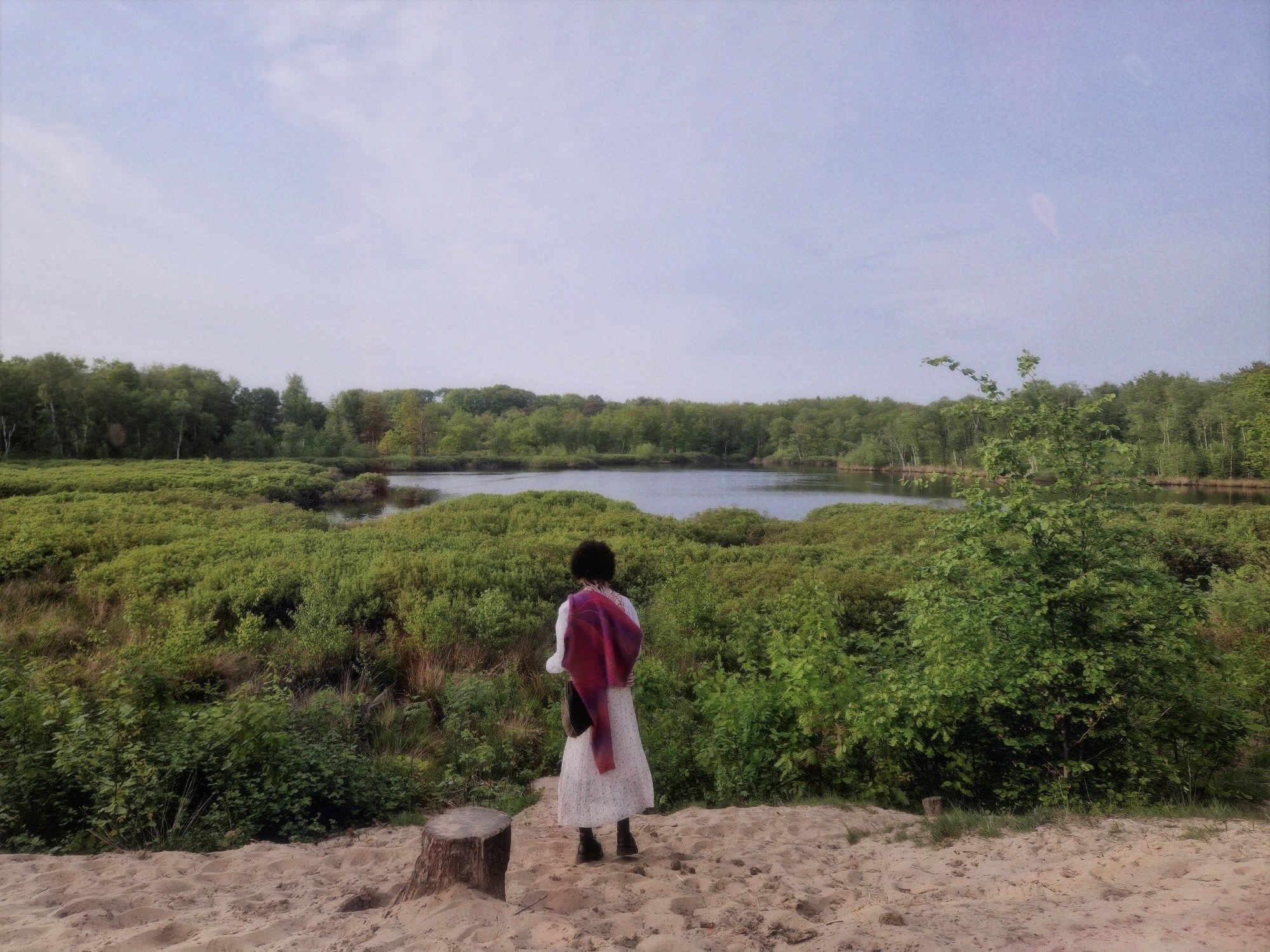 Person standing on sandy ground, facing a green landscape with a lake and trees, under a partly cloudy sky.