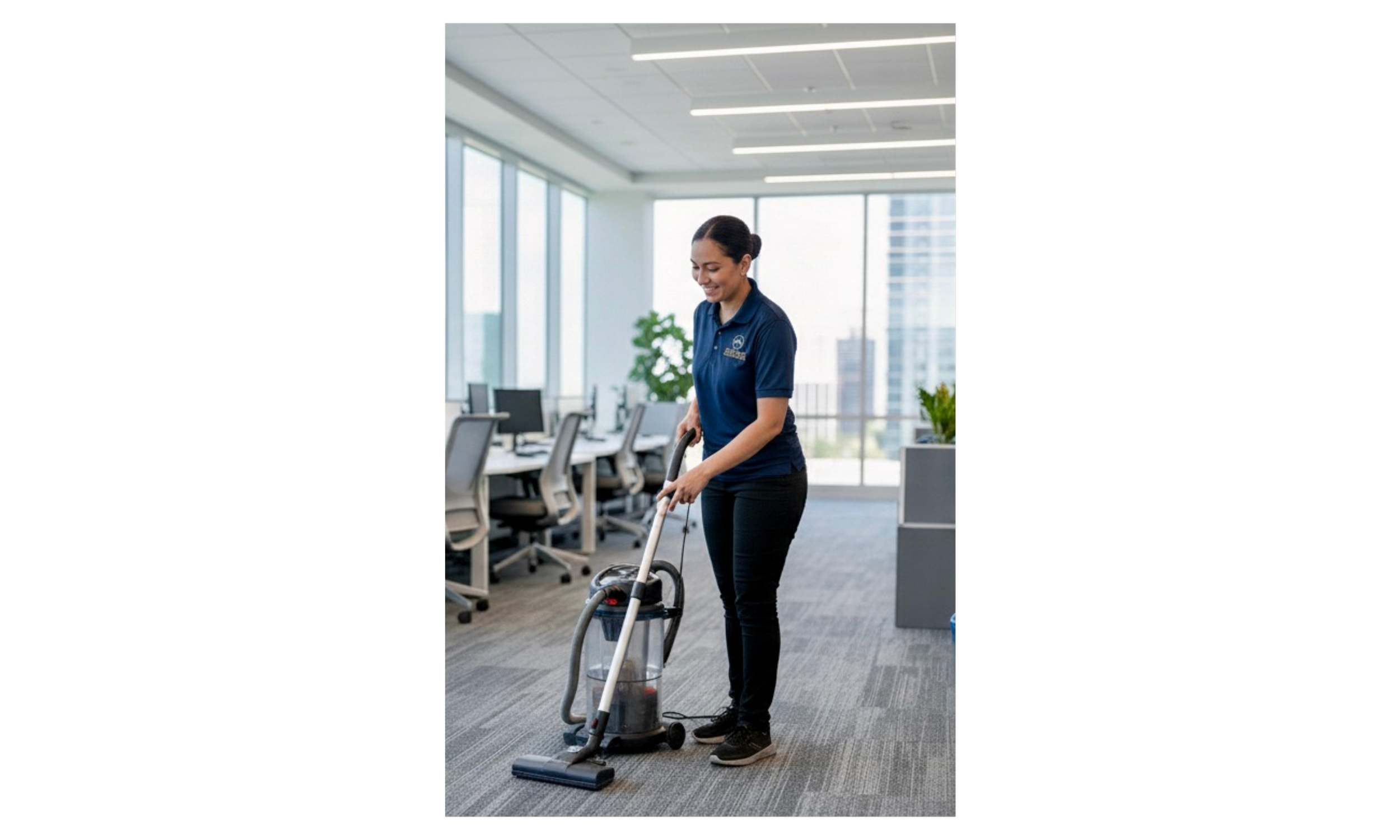 A woman in a blue polo shirt and black pants is vacuuming carpet in a modern office with large windows, desks, and office chairs.