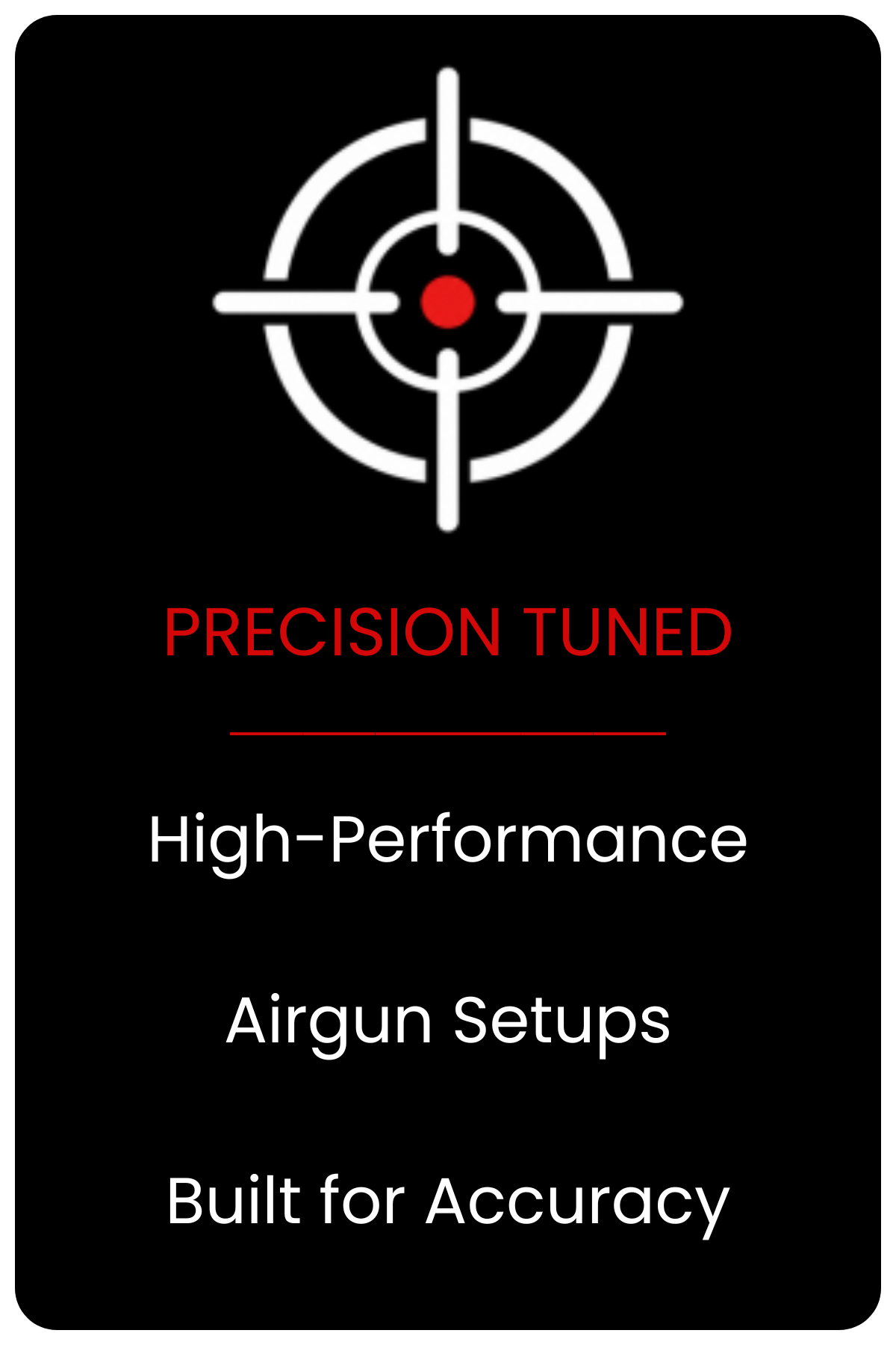 A black background graphic with a white circular crosshair target at the top center, with a small red dot in the middle. Below it, in red text, says 'PRECISION TUNED'. Underneath, in white text, says 'High-Performance'. Further down, it reads 'Airgun Setups' and 'Built for Accuracy'.