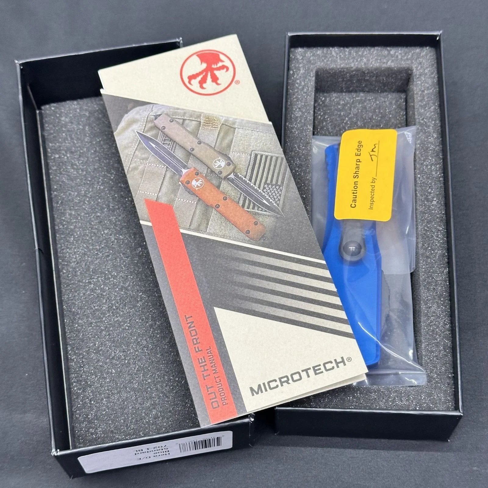 Microtech Blue Hera OTF Knife, DLC Black Dual Edge Blade