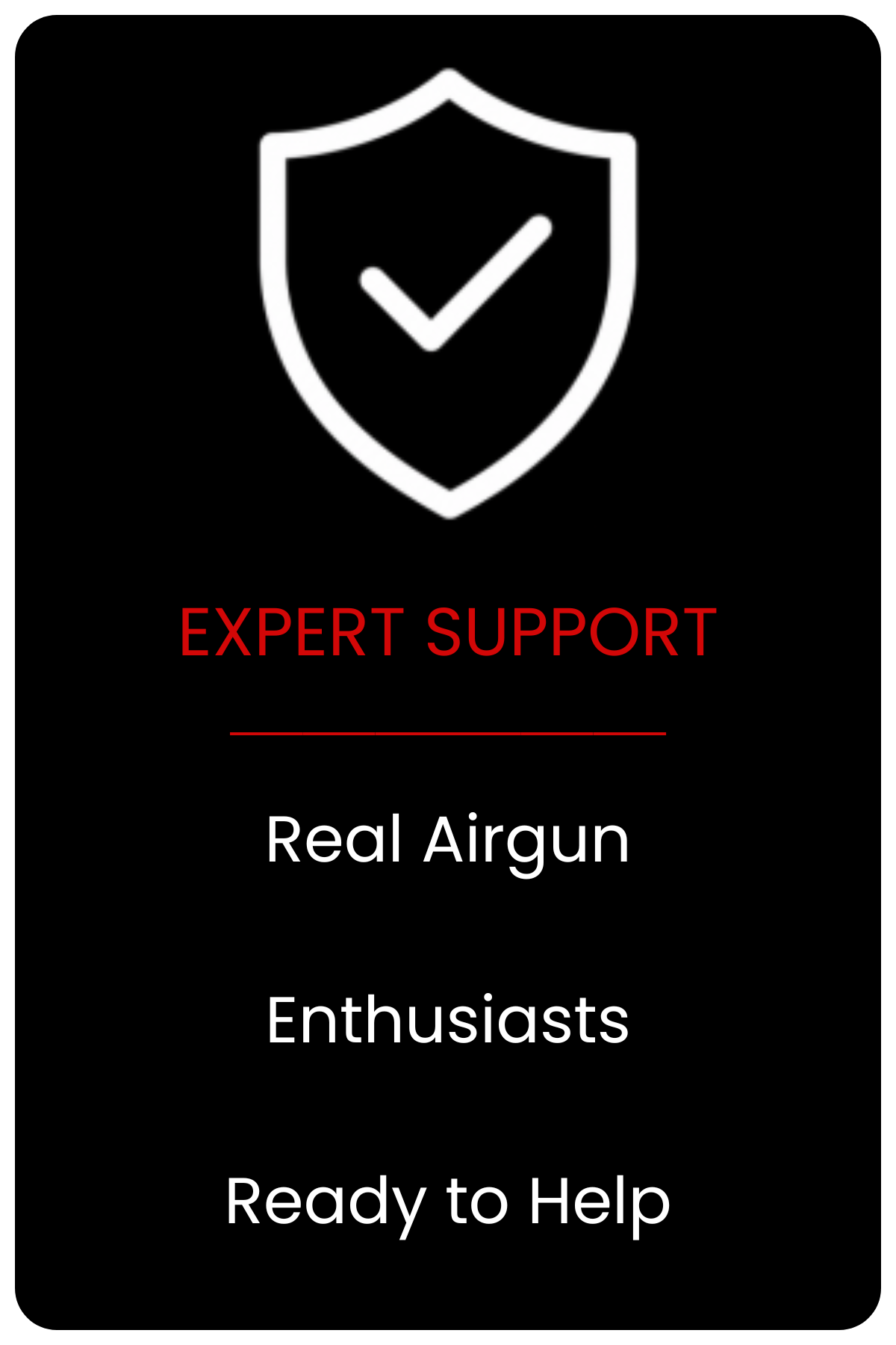 A black background with a white shield icon and check mark. Text reads 'Expert Support,' 'Real Airgun,' 'Enthusiasts,' and 'Ready to Help,' indicating customer service for airgun enthusiasts.