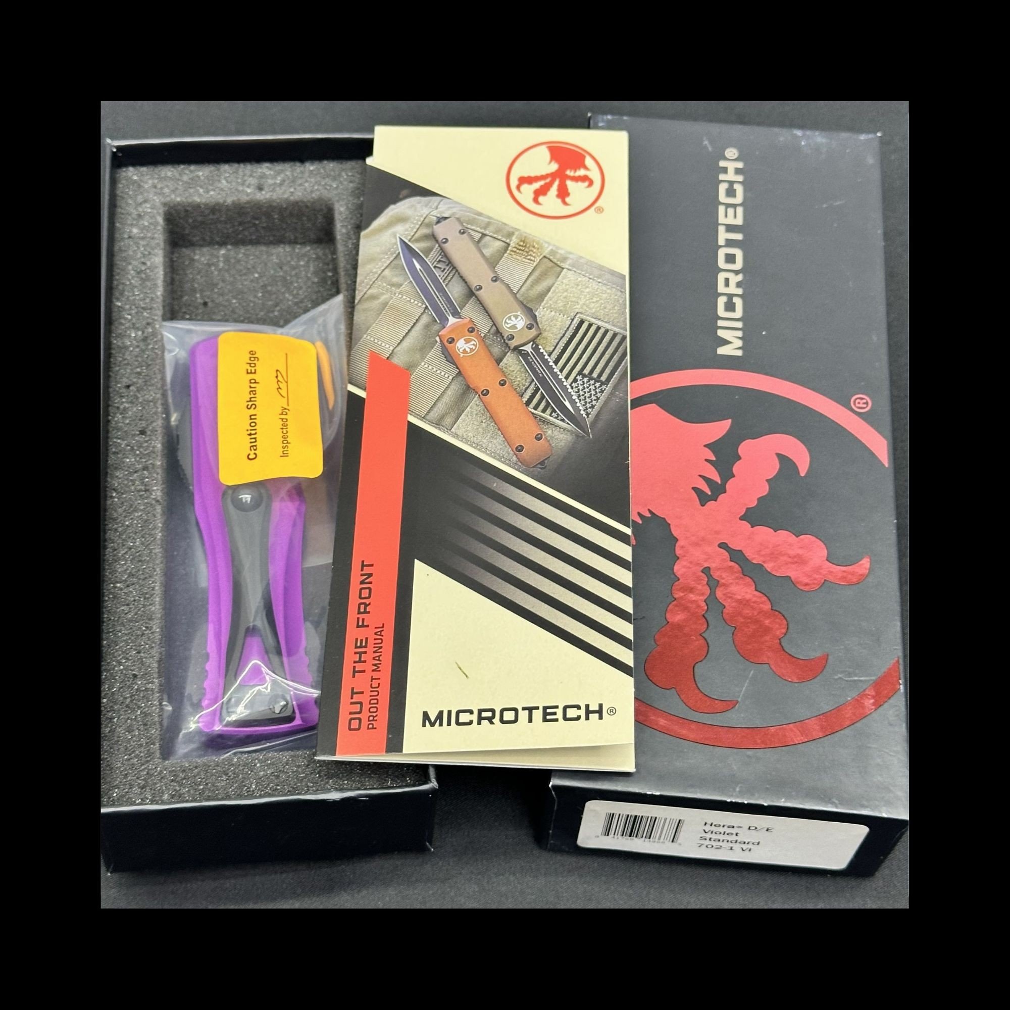 Microtech Violet Hera OTF Knife, stonewash dagger blade