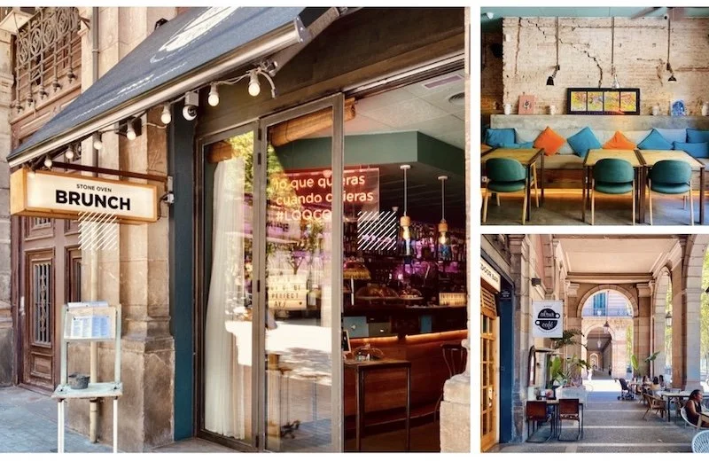 Imágenes de un espacio de cafetería y restaurante en un entorno urbano, con un cartel que dice "Brunch" en el exterior, una decoración moderna en el interior con sillones de colores y un área con mesas y sillas en un pasillo con arcos