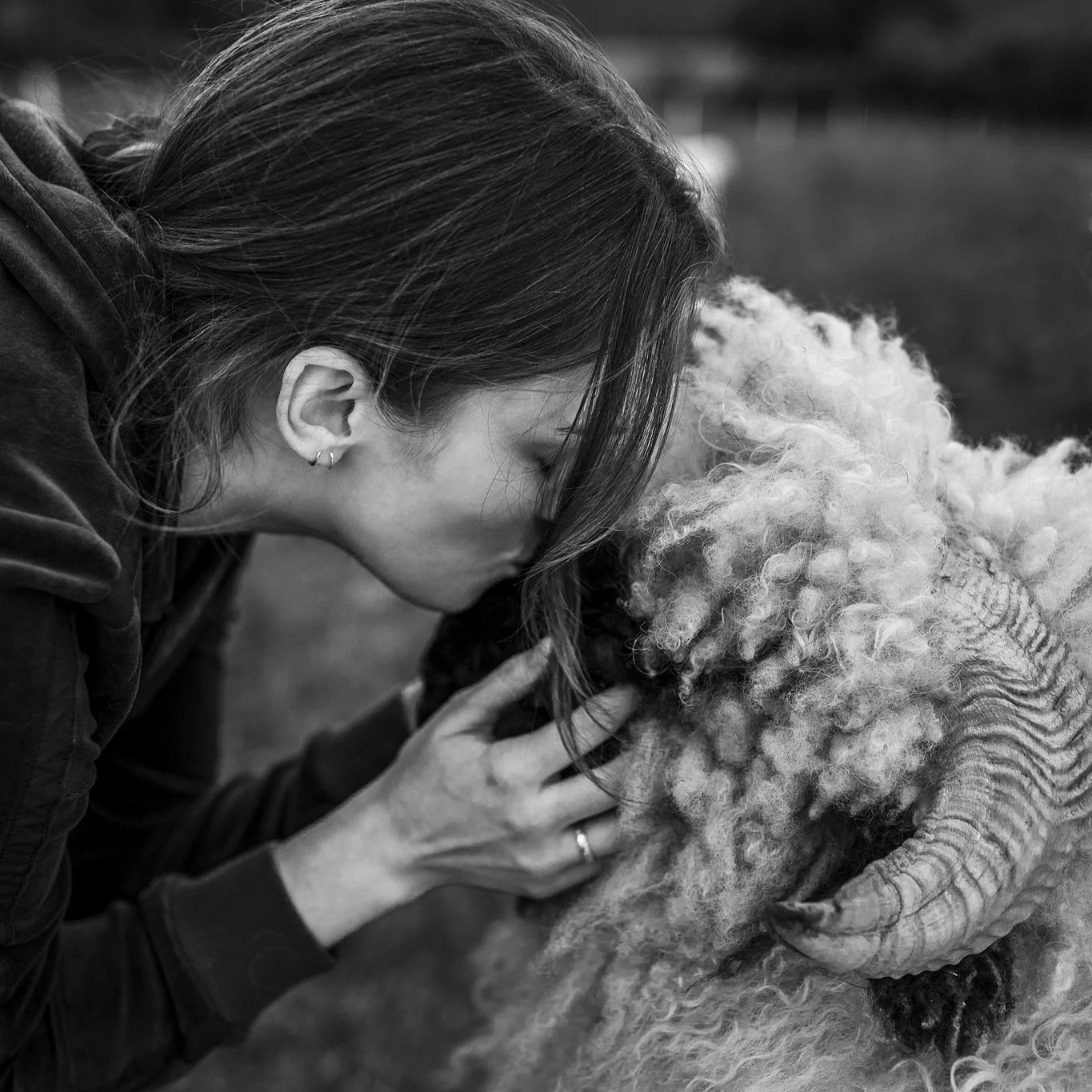 A woman gently kisses the face of a sheep with curly wool and curved horns.
