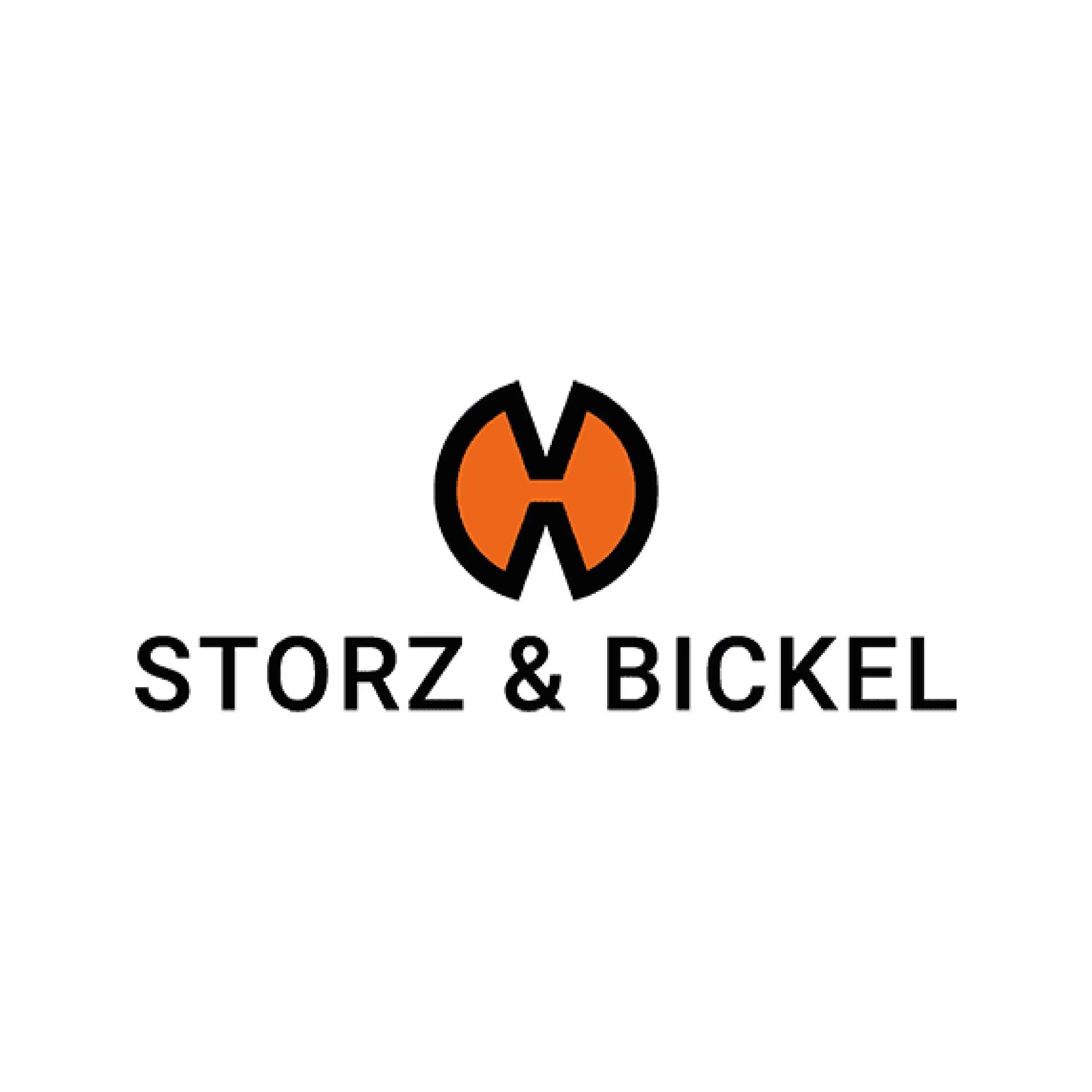 Logo mit einem schwarzen und orangefarbenen Symbol oben und dem Schriftzug 'STORZ & BICKEL' darunter.