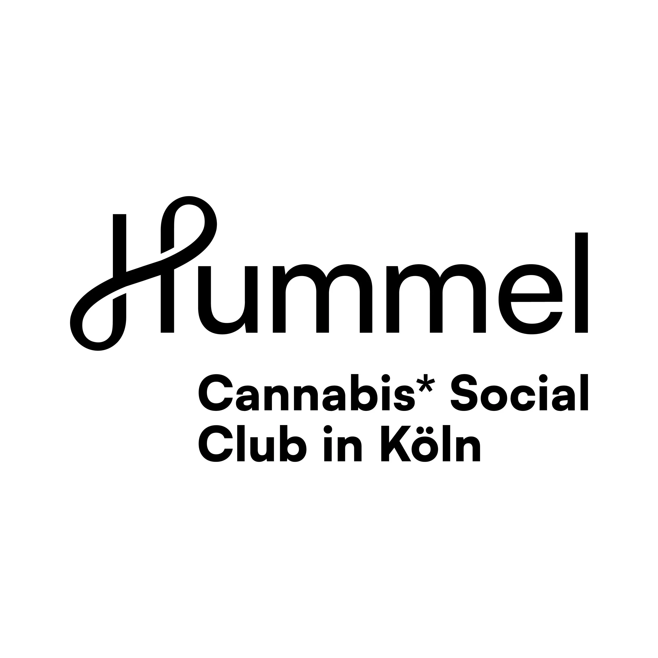 Text in Schwarz auf Weiß, das den Namen 'Hummel' und die Beschreibung 'Cannabis* Social Club in Köln' enthält.