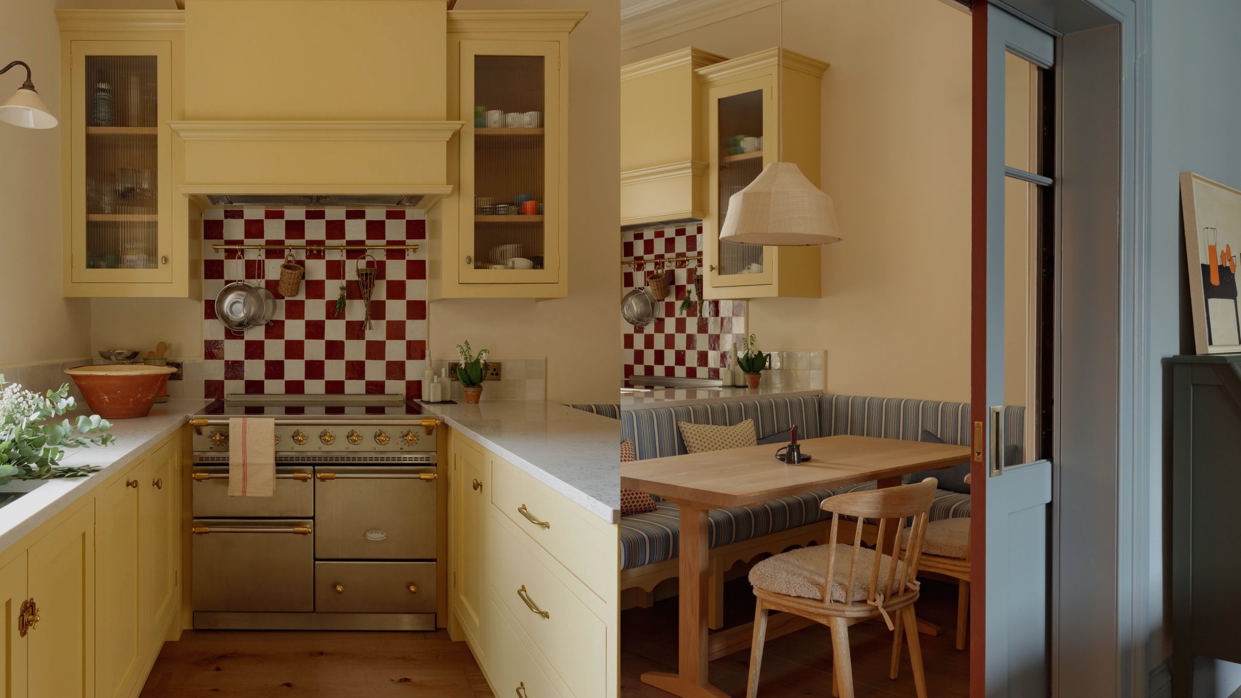 A split image of a kitchen and dining area. The kitchen features yellow cabinets, a checkered red and white backsplash, and a vintage stove. The dining area has a corner bench with striped upholstery, a wooden table, and a wooden chair. There's a doo
