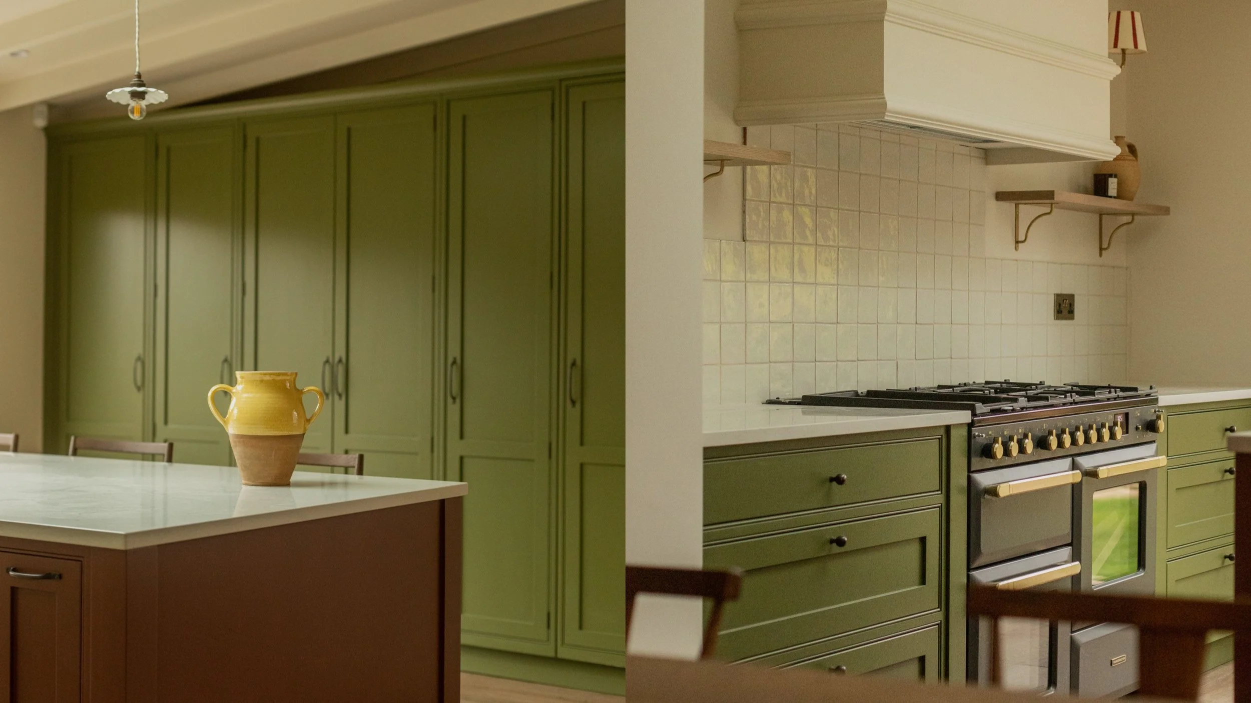 Split image showing a dining area on the left with a yellow and brown vase on a white kitchen island, green cabinetry in the background, and a ceiling light; and a kitchen on the right with a stove, green lower cabinets, beige tiled backsplash, open 