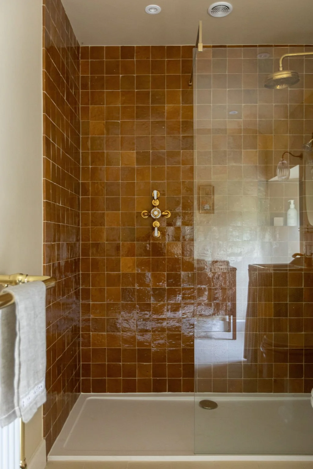 Bathroom shower area with brown tiles, a gold-coloured shower fixture, and a glass shower partition. There is a white towel hanging on a gold towel rack and a bottle of soap on a shelf.