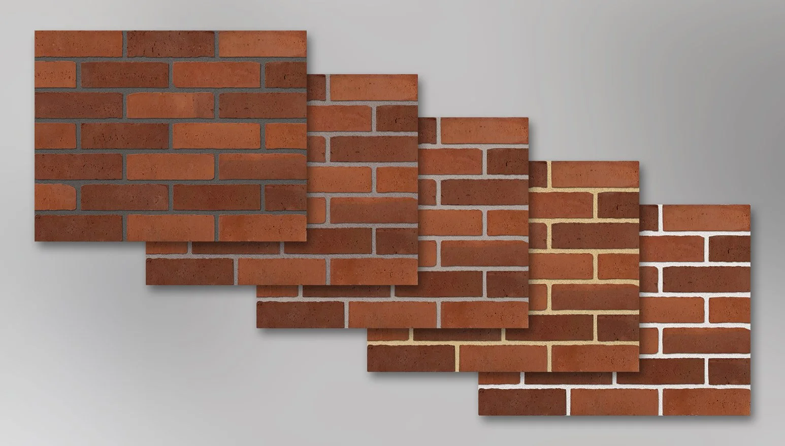 A display of five different types of brick samples arranged in a staggered pattern on a wall.