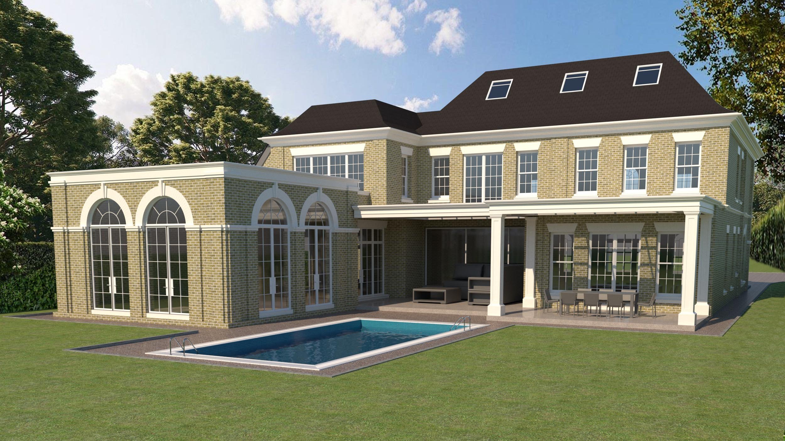 A large two-story house with a brick exterior, multiple large windows, and a dark roof. There is a backyard with a pool, patio furniture, and a covered seating area, surrounded by green lawn and trees.