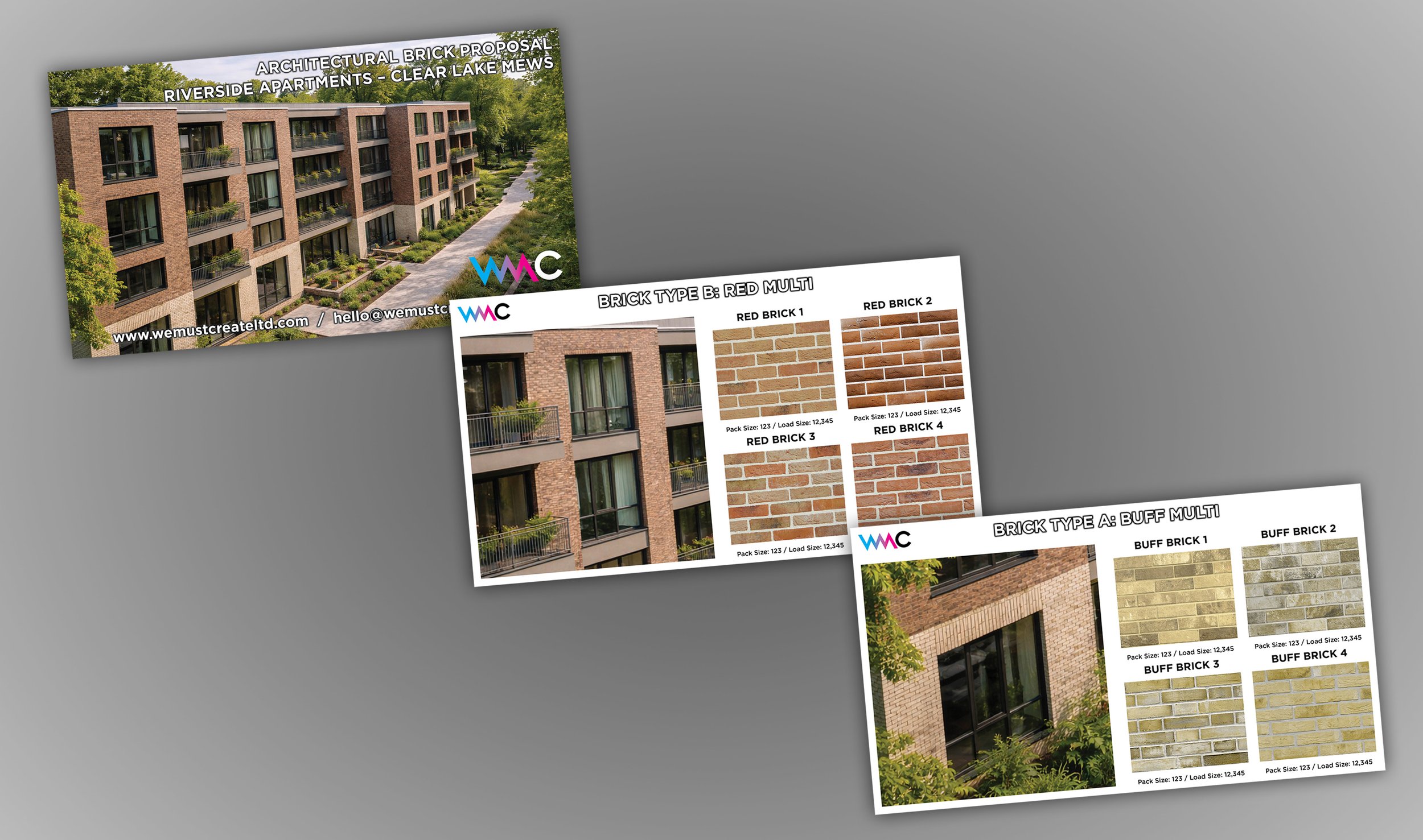 Brochure or advertisement for Riverside Apartments at Clear Lake Mews, showing a multi-story brick building with balconies, surrounding trees, and a pathway. Includes information about brick types and contact details.