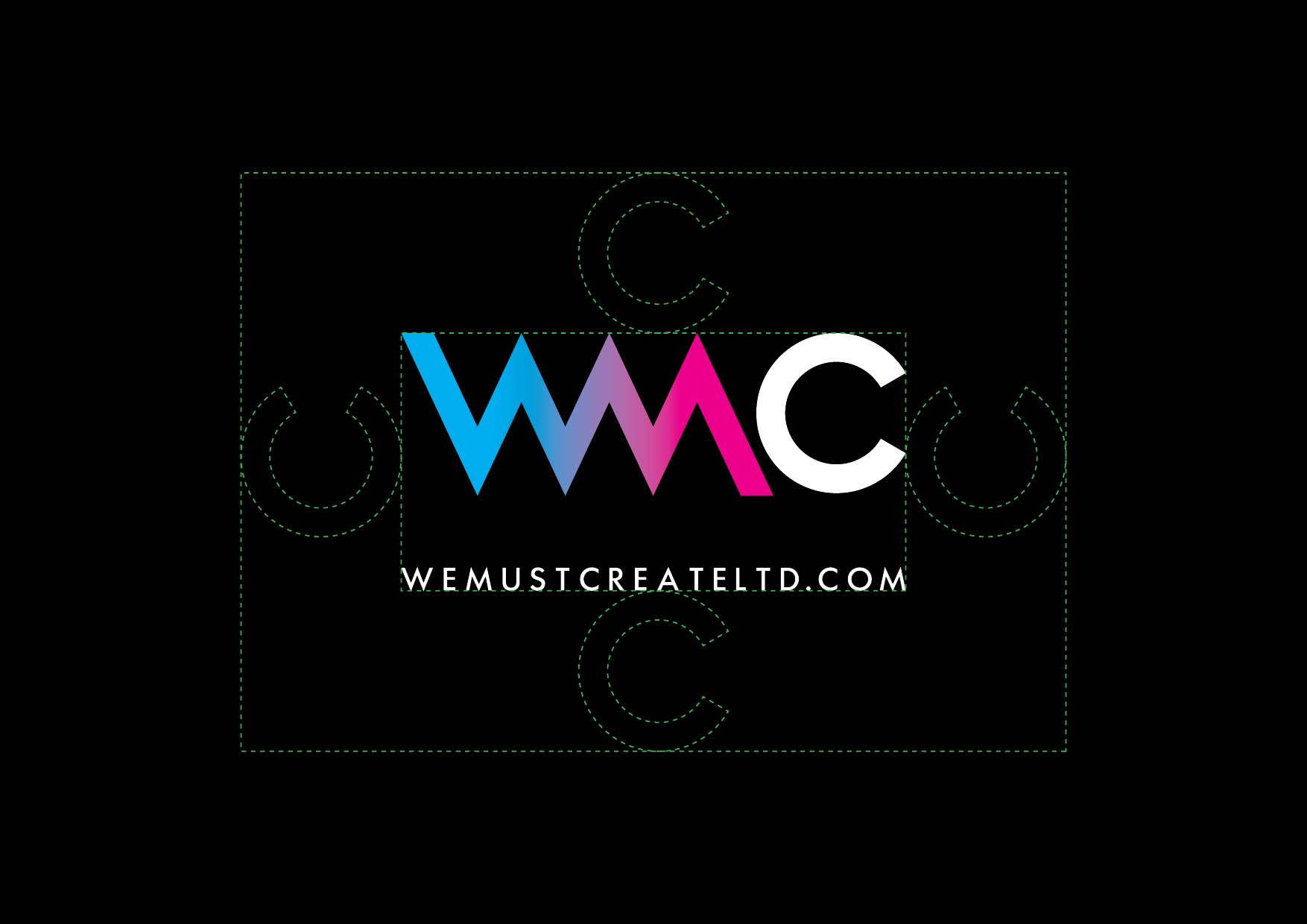 A colorful logo with the text 'WMC' on a black background. The 'W' is blue, the 'M' transitions from blue to purple to pink, and the 'C' is white. Below the logo, the website URL 'WEMUSTCREATE.LTD.COM' is written in white.