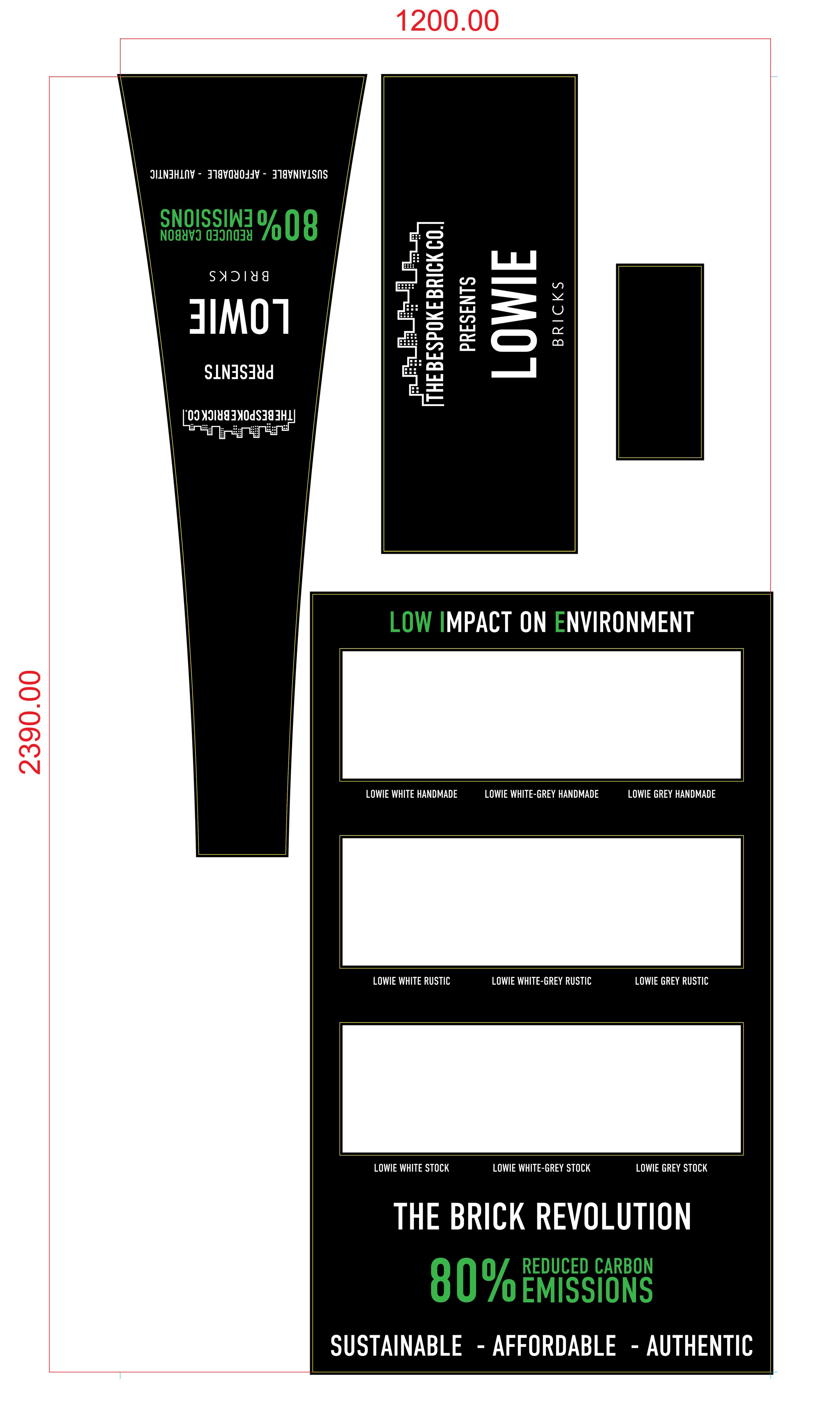 A black and green promotional banner for Lowie bricks, highlighting their eco-friendly and sustainable qualities with reduced emissions, handcrafted finishes, and various stock options.