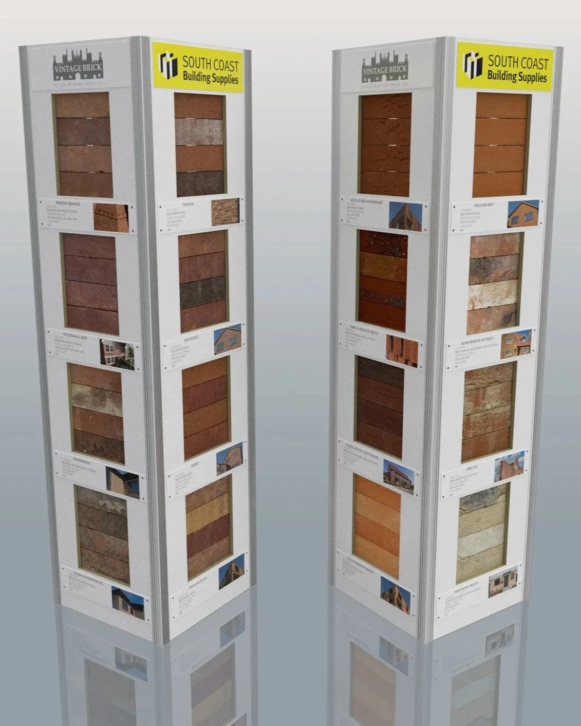 Two display stands showcasing various types of bricks and building materials for construction.
