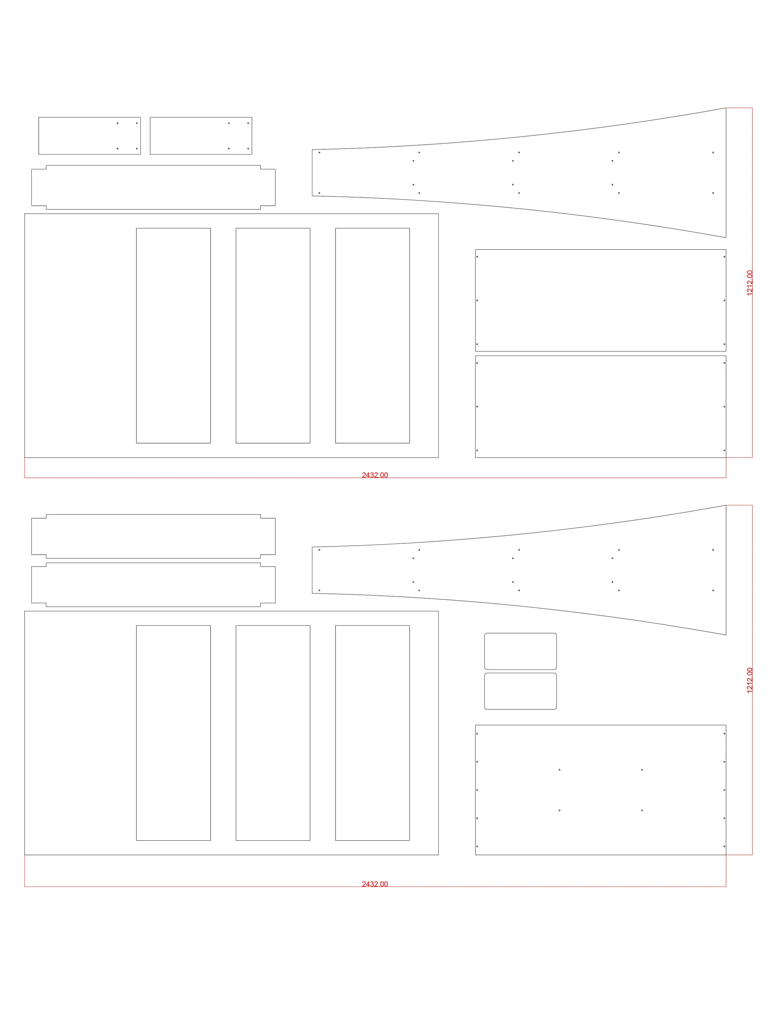 Technical blueprint of a structure with measurements, showing various rectangular and elongated parts with holes, and curved lines indicating design contours.