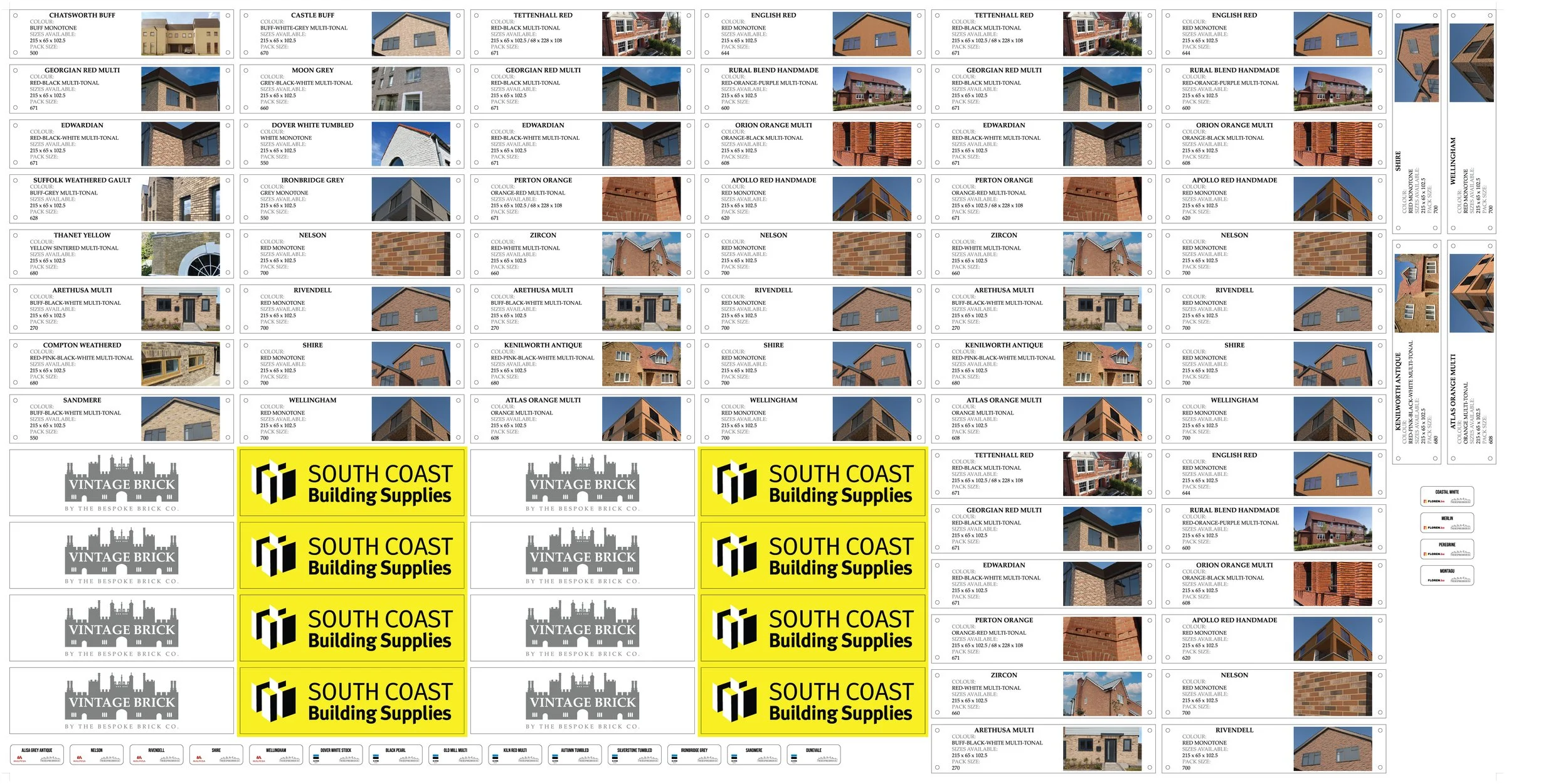 A collection of building material samples including various types of bricks and finishes with detailed information, and advertisements for South Coast Building Supplies and Vintage Brick.