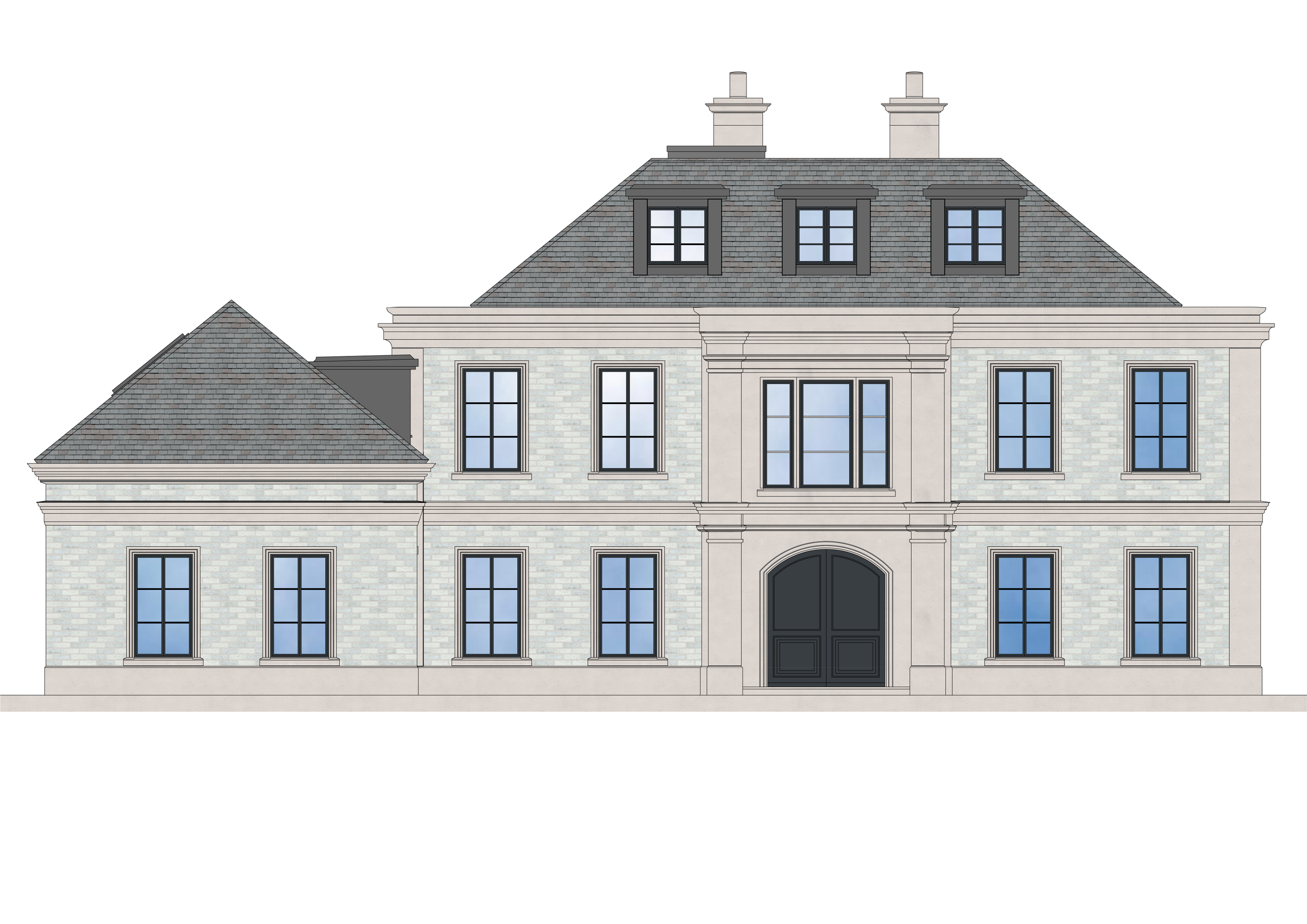 Digital illustration of a classic-style house with a brick facade, tall windows, and a gabled roof with three dormer windows. Two chimneys are visible on the roof.