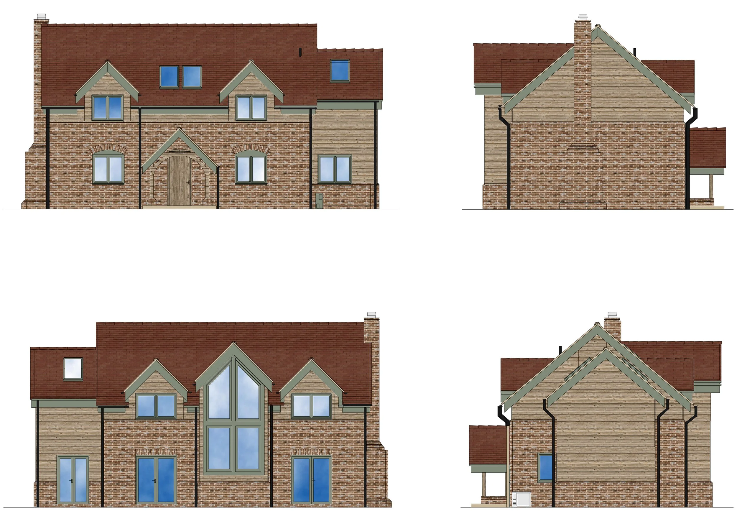 A detailed illustration of a modern house with a brick and wood exterior, multiple windows, and a red tiled roof, shown from different angles.