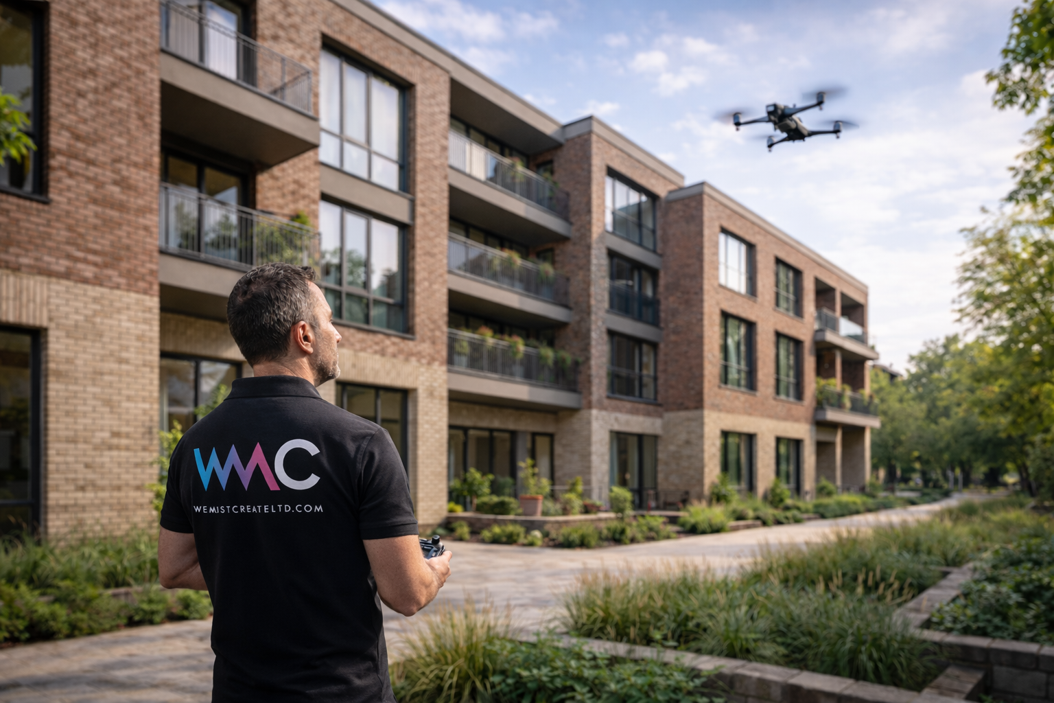 A man controlling a drone with a remote while standing outside an apartment complex, with a drone flying in the sky.