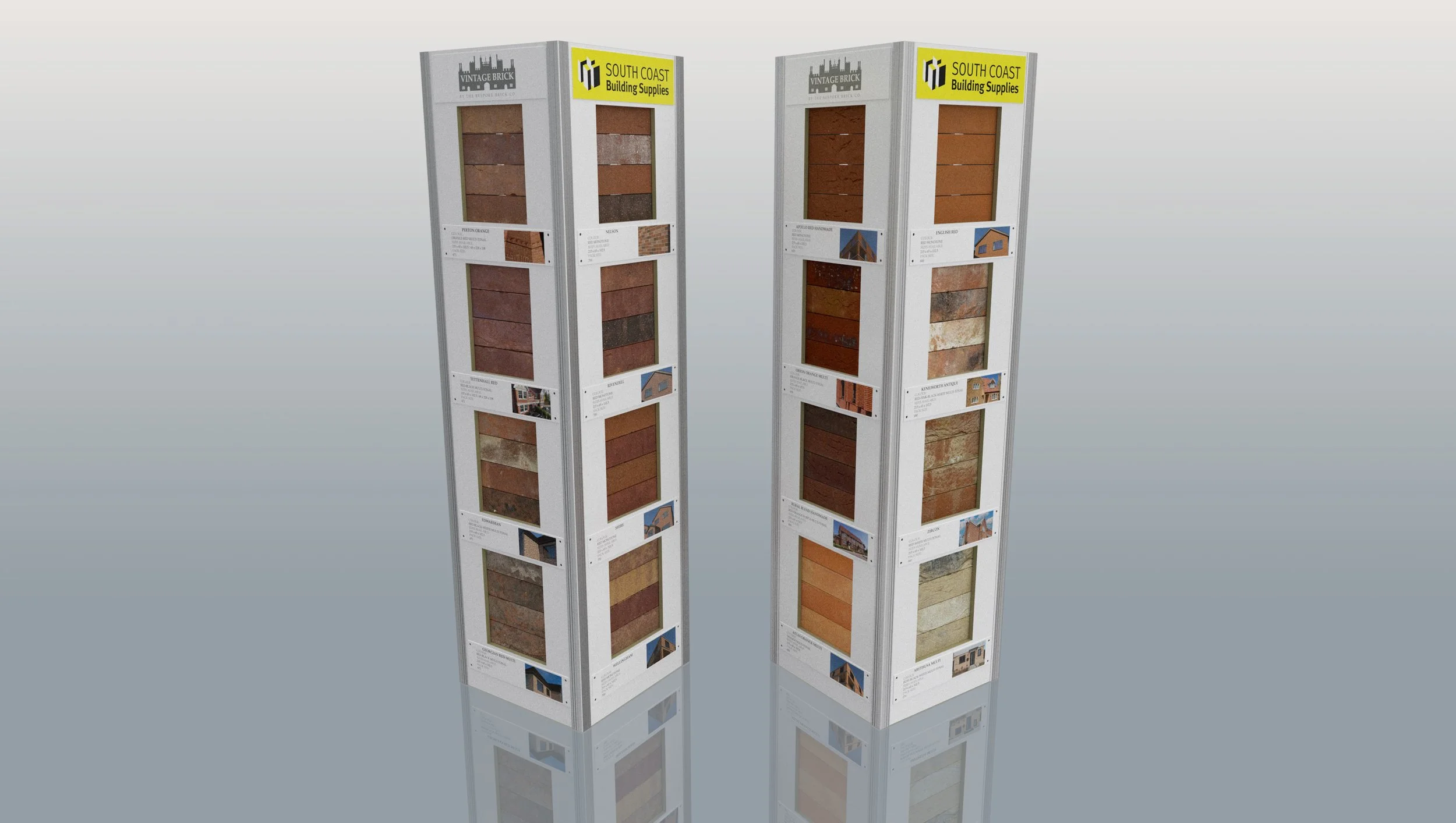 Two display stands showing different types of bricks and building supplies at a hardware store.