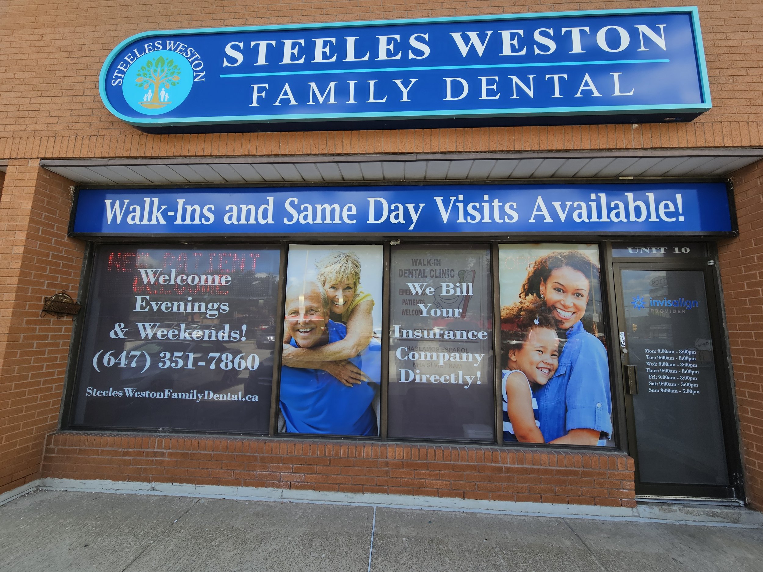 Exterior view of Steeles Weston Family Dental office with blue signage, windows showing a smiling elderly woman and a young woman with a child, and text advertising walk-ins, evening and weekend appointments, and insurance billing.