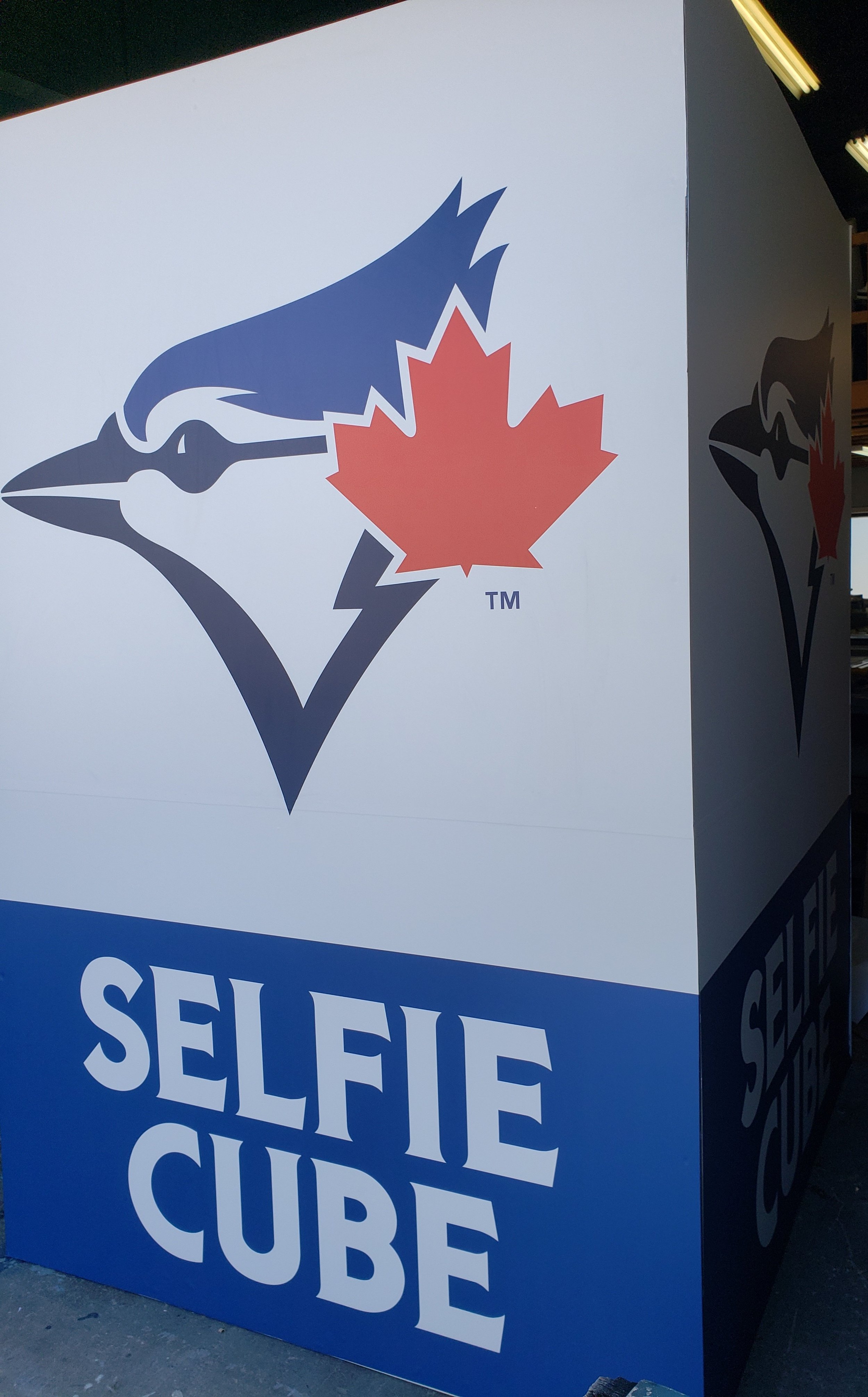 A large sign with the Toronto Blue Jays logo, featuring a blue jay head crossing a red maple leaf. The sign displays the words "Selfie Cube" in white letters on a blue background.