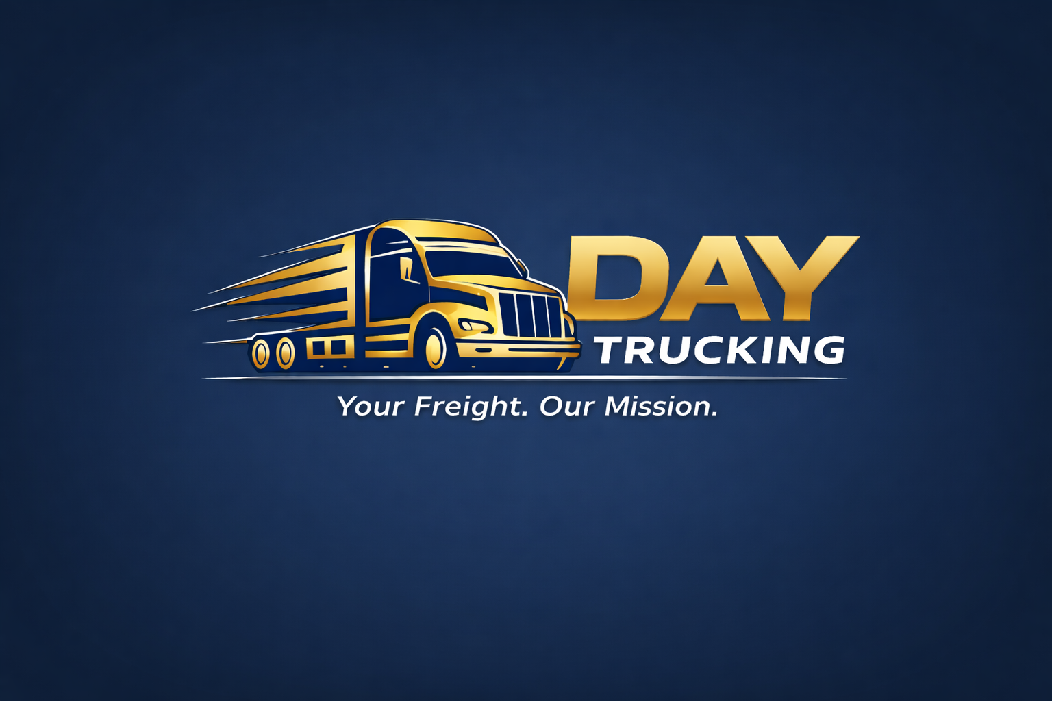 Graphic logo for 1 Day Trucking with a stylized yellow and black semi-truck and the text '1 DAY TRUCKING' and the tagline 'Your Freight. Our Mission.' on a dark blue background.