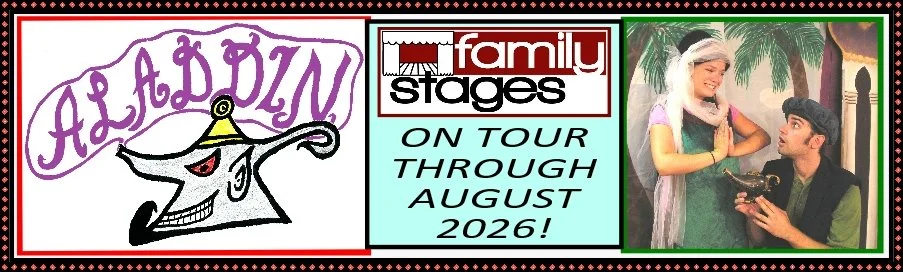 A promotional banner for a stage production of 'Aladdin' by Family Stages, touring through August 2026. The banner features a colorful illustration of the magic lamp with the word 'Aladdin' written above it, and a photograph of two actors in costume - a woman dressed as a princess and a man in a vest and cap, outdoors with palm trees in the background.