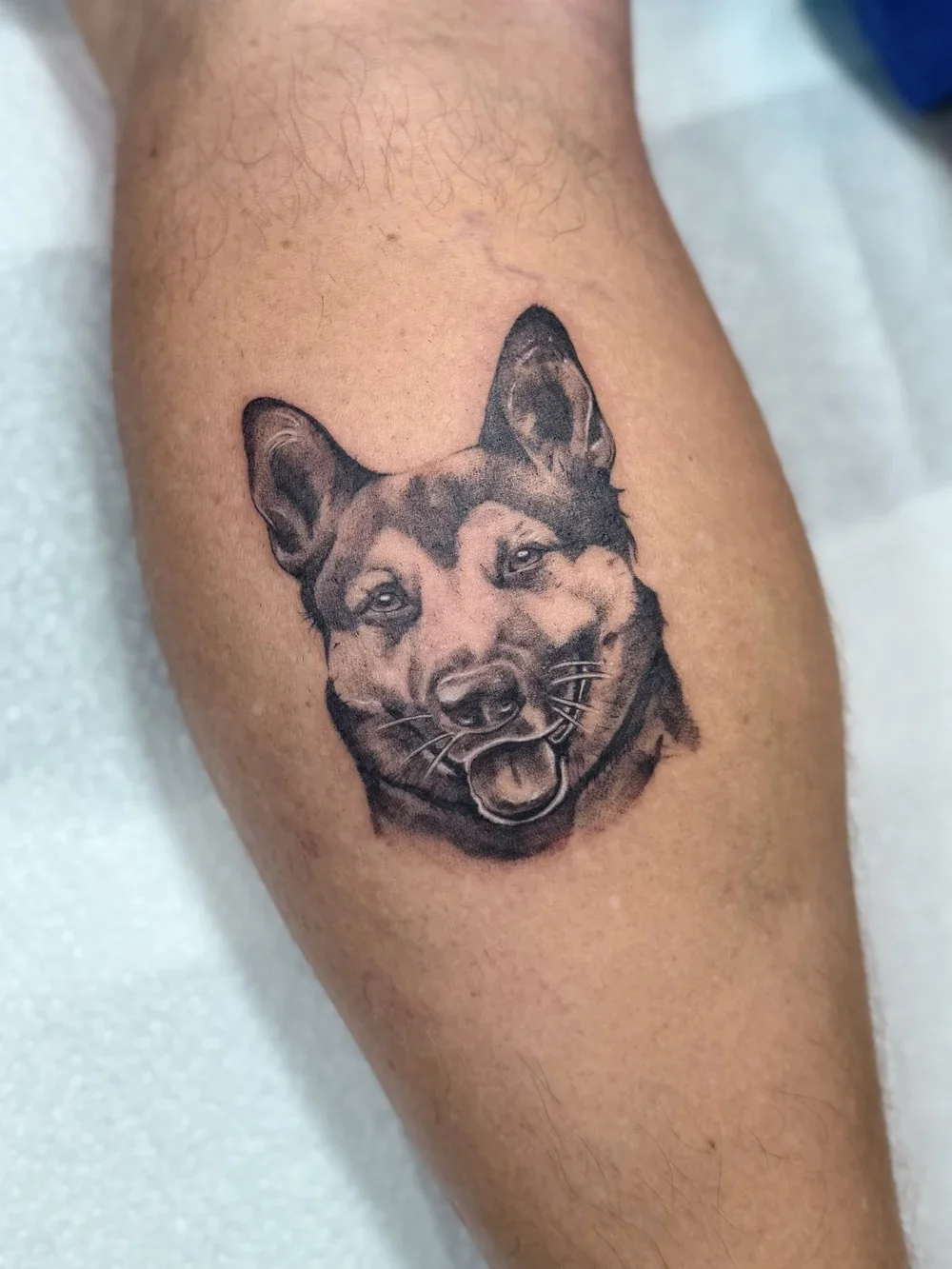 Black and gray tattoo of a dog's face on person's upper arm.