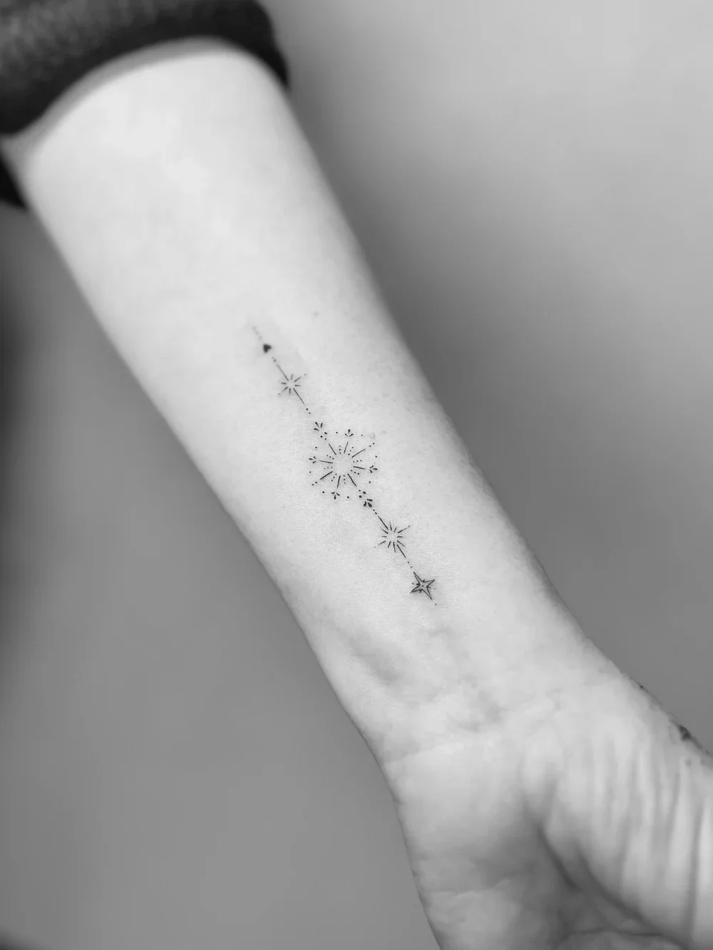 Close-up of a person's arm with a small star constellation tattoo.