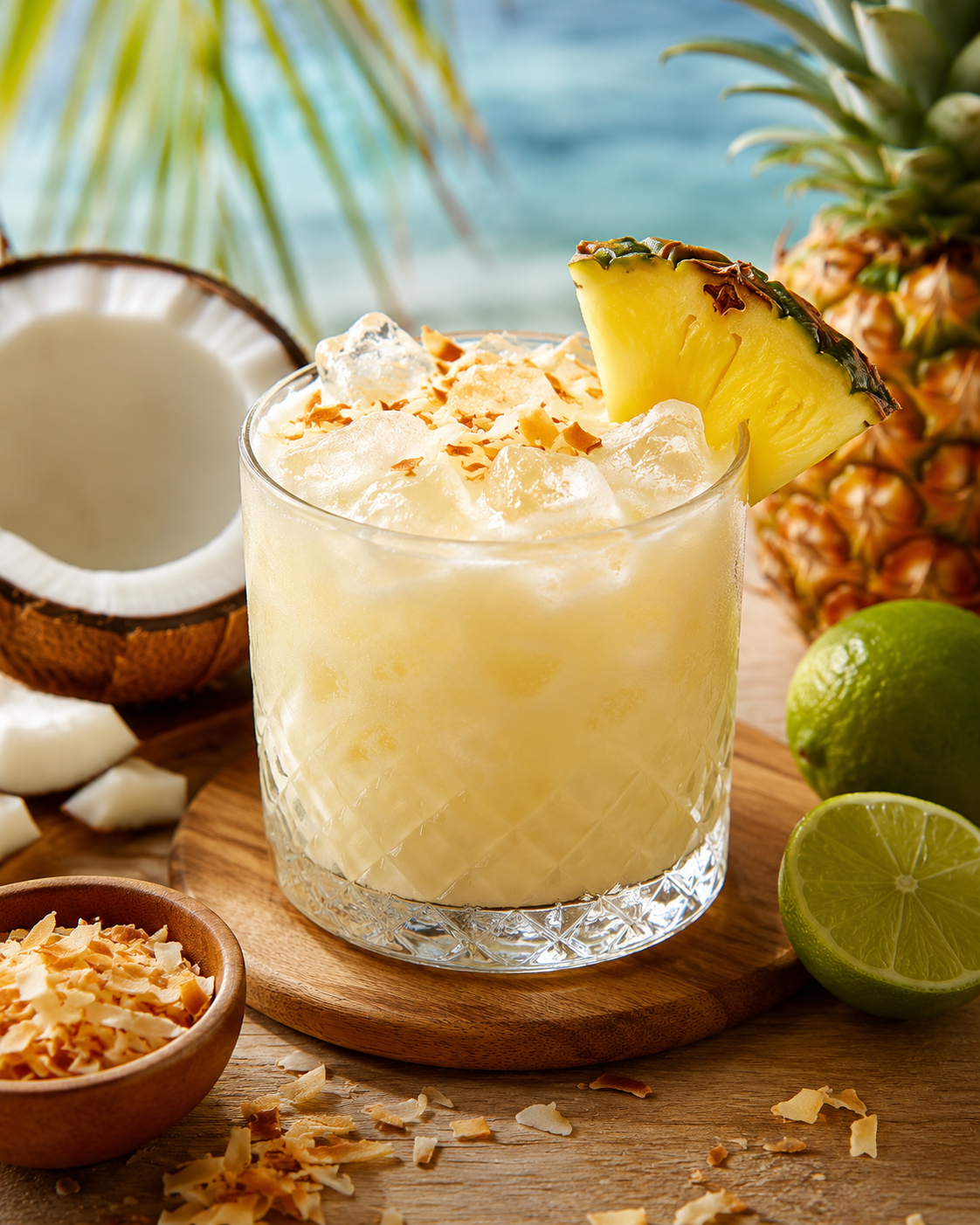 A tropical drink with crushed ice, garnished with a pineapple wedge, on a wooden surface with coconuts, pineapple, and lime in the background.