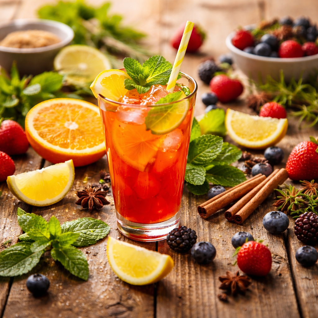 A glass of iced fruit tea garnished with lemon slices, mint leaves, and a striped straw, surrounded by fresh lemon wedges, strawberries, blueberries, blackberries, orange halves, cinnamon sticks, star anise, and additional berries and mint leaves on a rustic wooden surface.