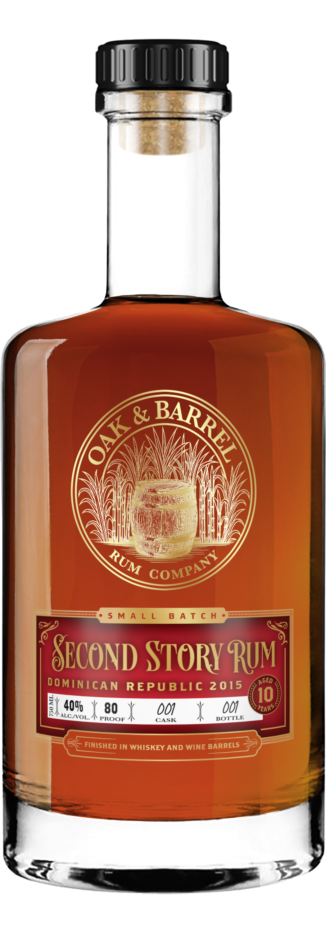 Bottle of Oak & Barrel Second Story Rum, aged 10 years, with a label indicating small batch, Dominican Republic 2015, 40% alcohol, 750 ml, with whiskey and wine barrel finishing.