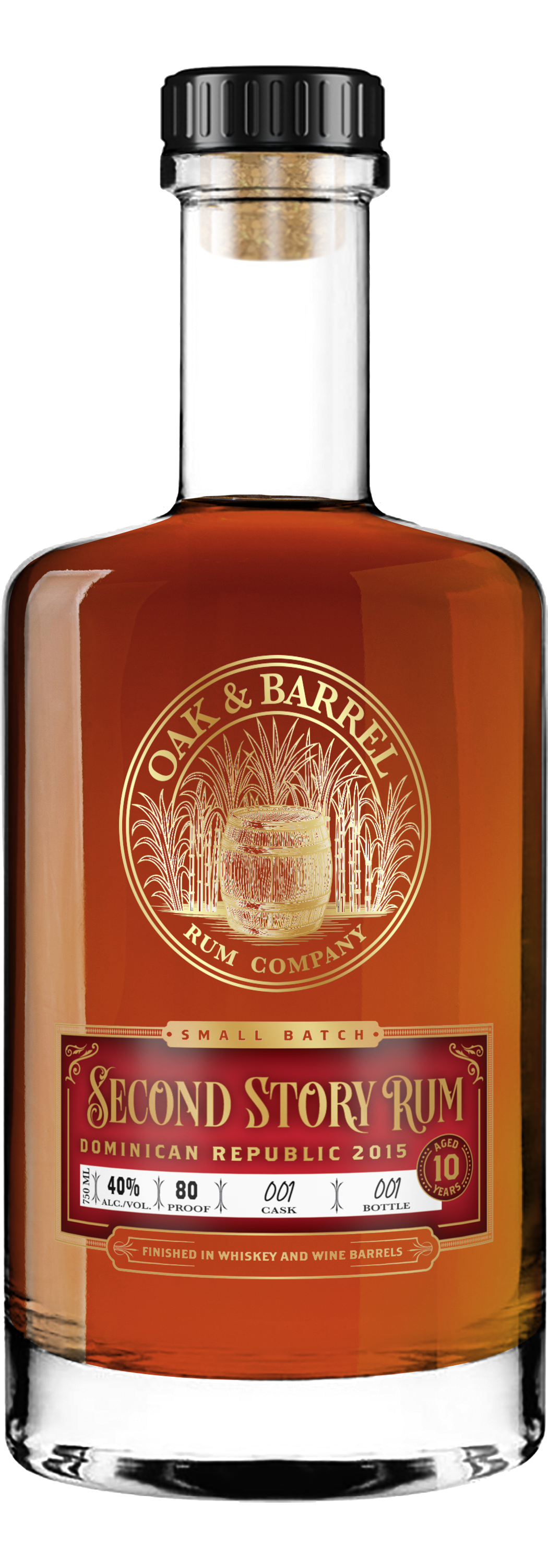 Bottle of Oak & Barrel Second Story Rum, aged 10 years, with a label indicating small batch, Dominican Republic 2015, 40% alcohol, 750 ml, with whiskey and wine barrel finishing.