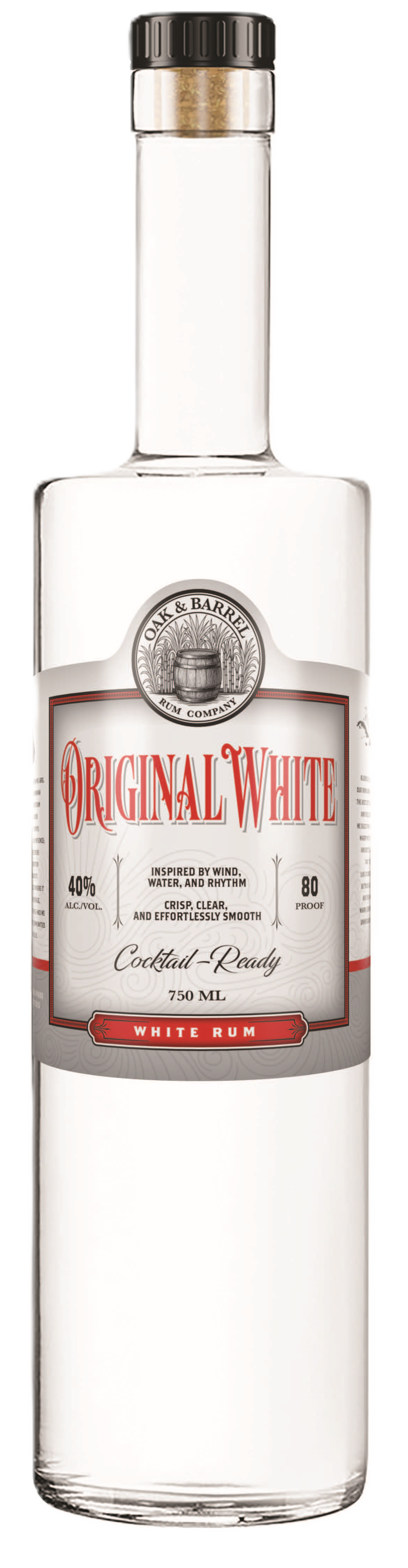 A plain transparent bottle of white rum with a black cap and a white label featuring red and black text.