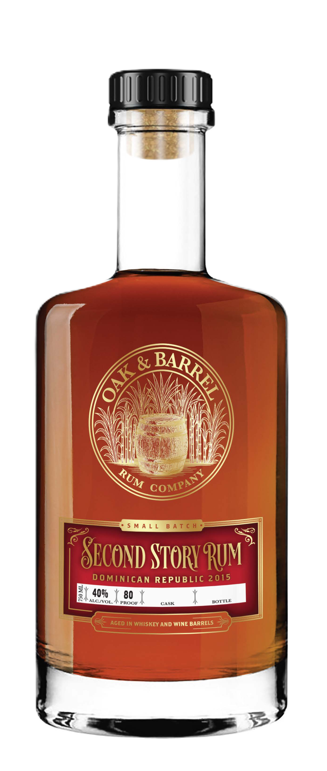 A bottle of oak and barrel second story rum from the Dominican Republic, aged in whiskey and wine barrels, with 40% alcohol, 750ml size, and an 80 proof.
