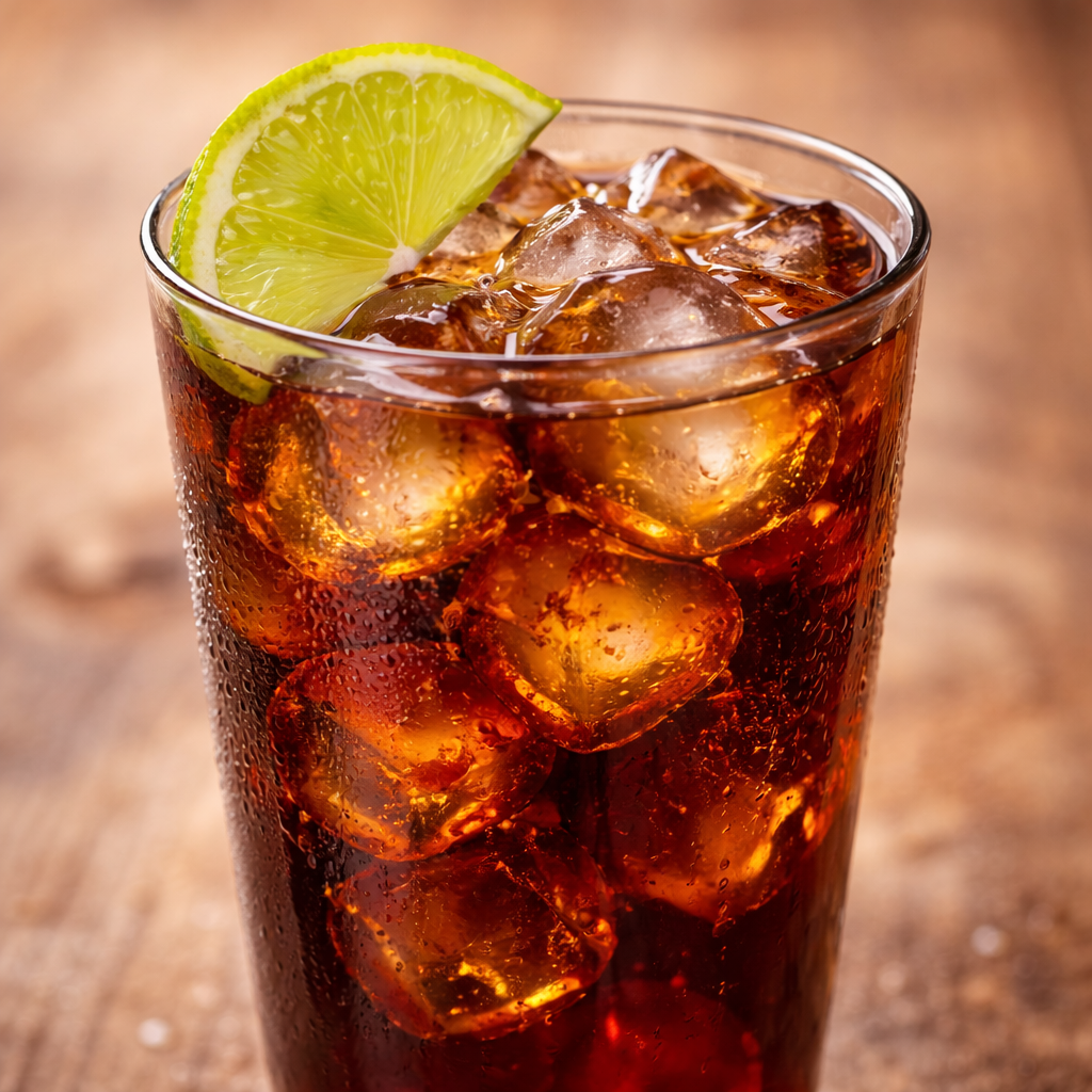 A glass of dark-colored soda with ice cubes and a lime wedge garnish on the rim.