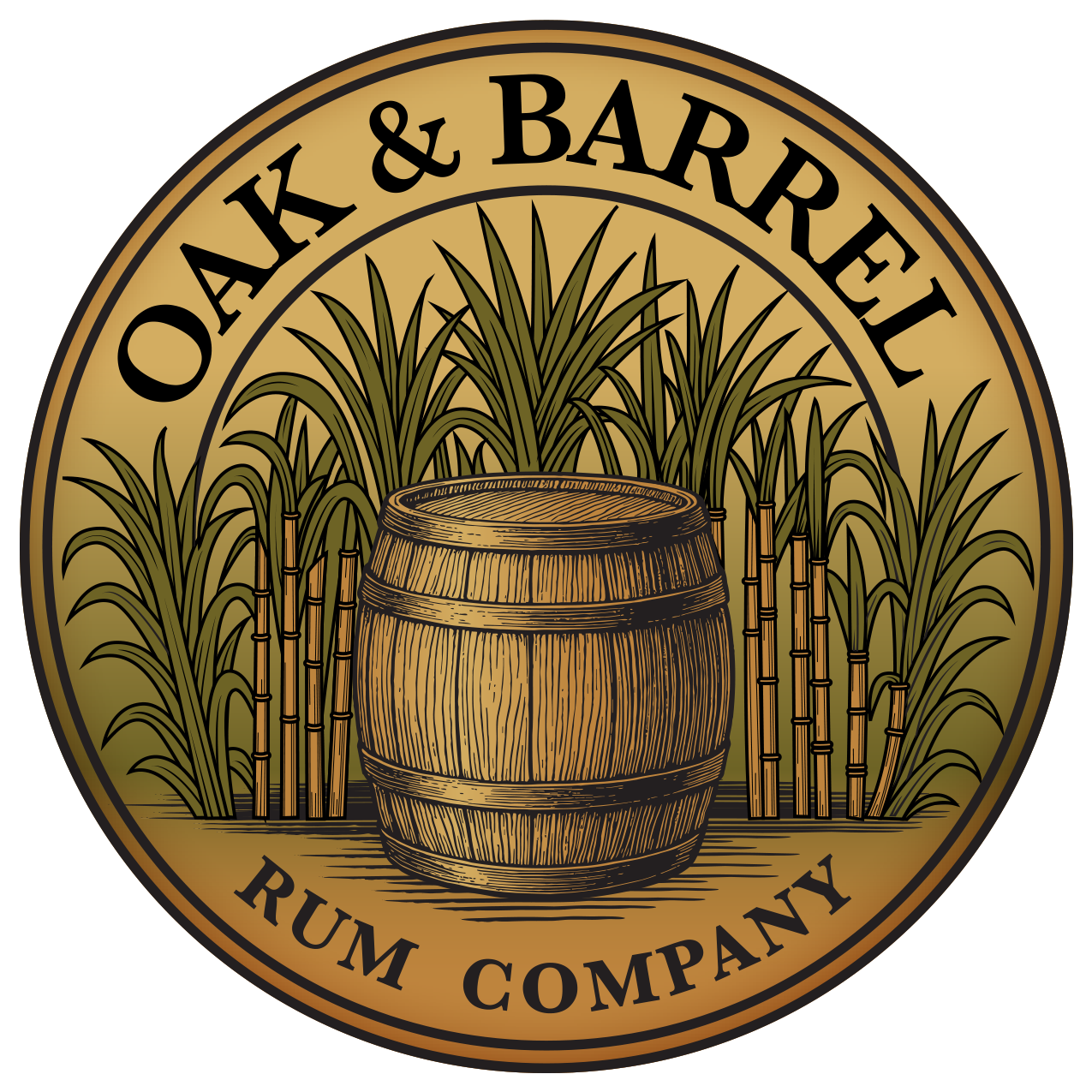 Logo of Oak & Barrel Rum Company featuring a wooden barrel surrounded by sugarcane plants on a circular background.