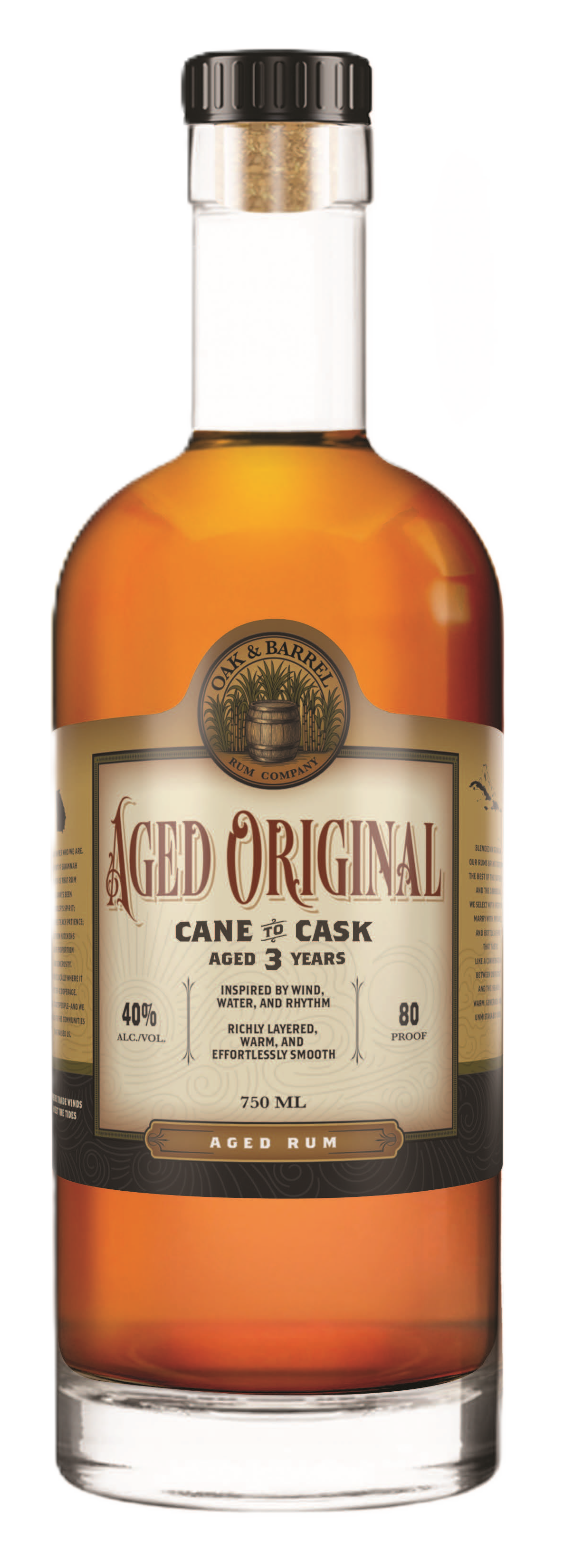 A bottle of Oak & Barrel aged rum with a black cap, golden-colored liquid inside, and a label indicating 3 years of aging, 40% alcohol, 750ml volume, and inspired by wind, water, and rhythm.