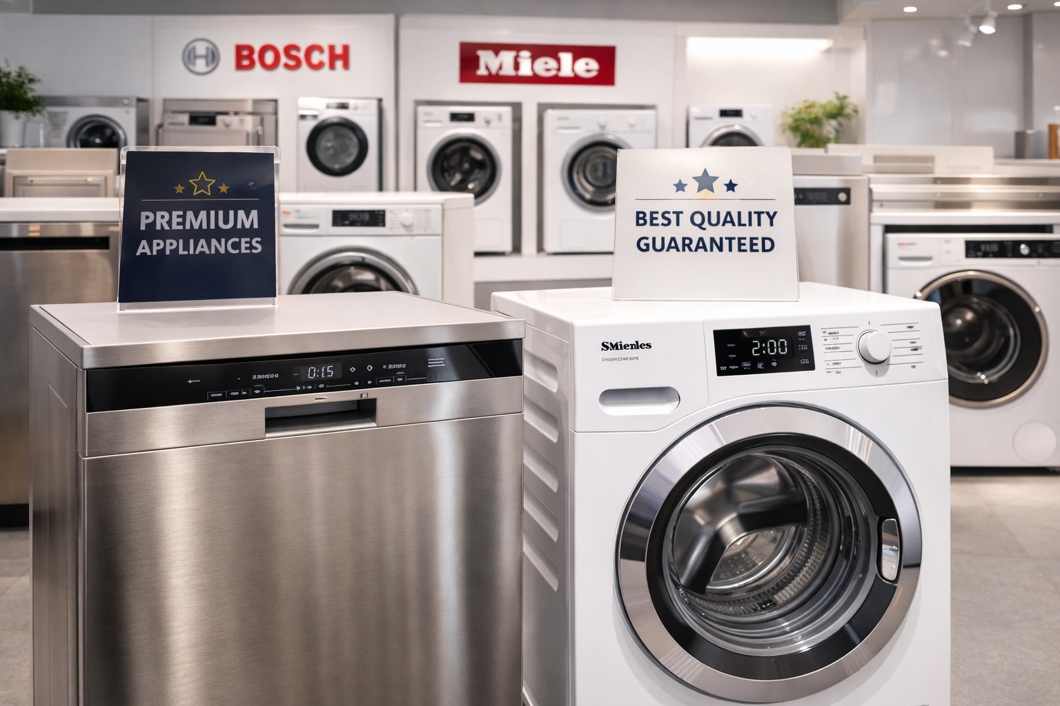 Laden mit Waschmaschinen und Haushaltsgeräten, Werbetafeln mit Bezeichnungen wie 'Premium Appliances' und 'Best Quality Guaranteed', Markenlogos von Bosch, Miele, Siemens, Bodenbelag aus Fliesen.