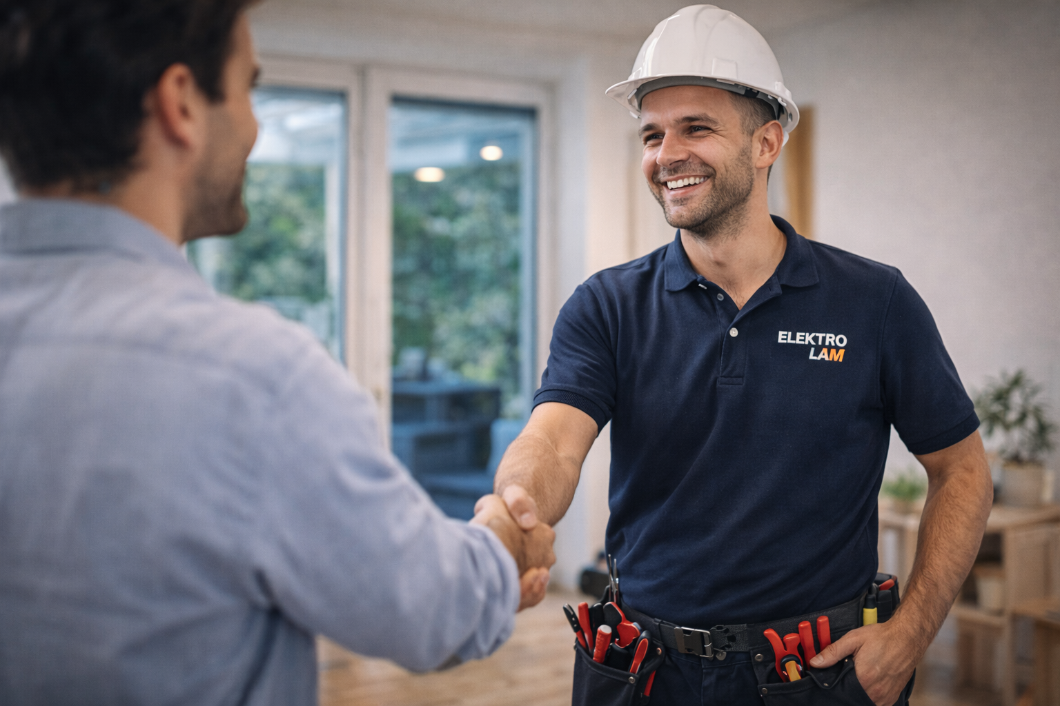 Mann im Elektroladen schüttelt die Hand eines Kunden, trägt einen Arbeitskittel und einen Werkzeuggürtel, lächelt, im Hintergrund Fenster und Pflanzen.