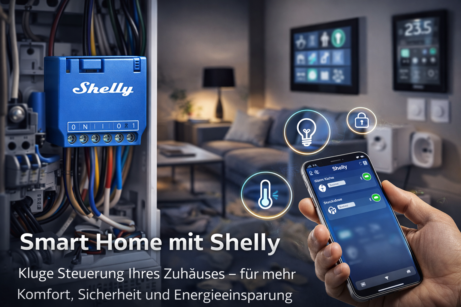 Smart Home Steuerung mit Shelly - Eine Hand hält ein Smartphone, das die Shelly App zeigt, während im Hintergrund ein Shelly-Hauptgerät in einem Wohnzimmer zu sehen ist, mit Icons für Licht, Heizung, Sicherheit und Energie. Der Raum ist modern eingerichtet und gut beleuchtet.
