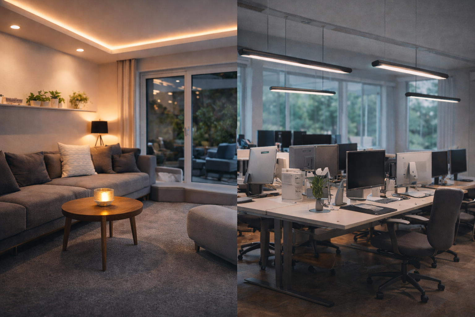 Linke Seite: Gemütliches Wohnzimmer mit Sofa, Couchtisch, Stehlampe und Dekorationen. Rechte Seite: Offenes Büro mit mehreren Computern und Arbeitsplätzen, großen Fenstern und moderner Beleuchtung.