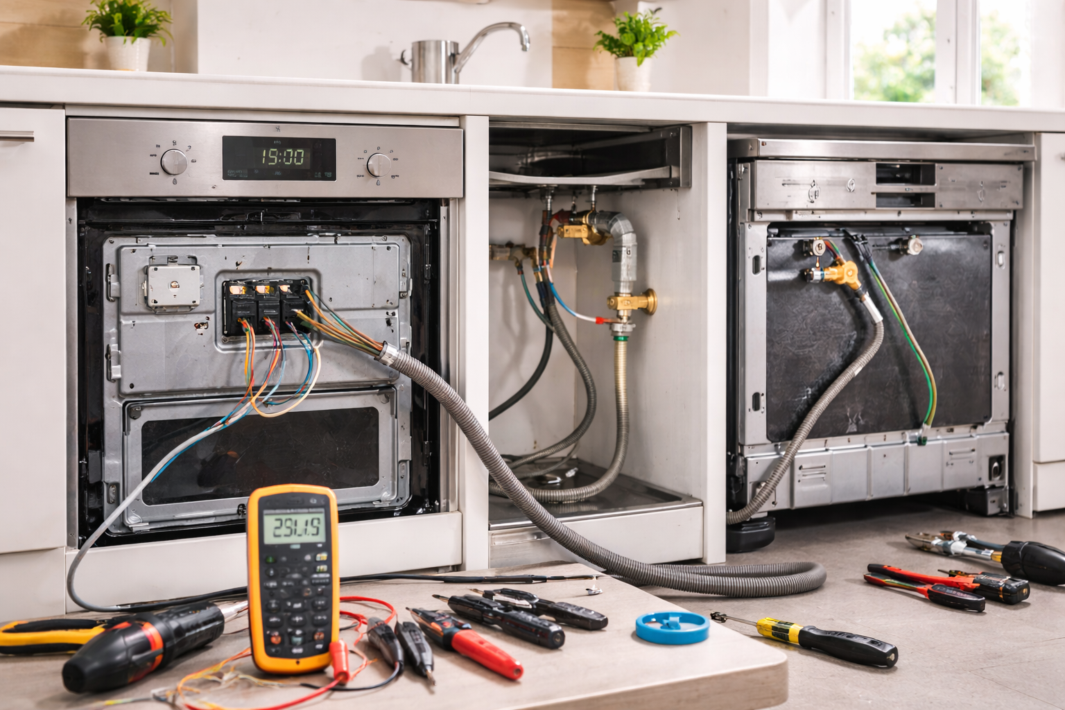 Innenansicht einer Küche, die zum Austausch oder zur Reparatur einer Geschirrspülmaschine auseinandergenommen wurde, mit Werkzeugen und einem Multimeter auf dem Boden.