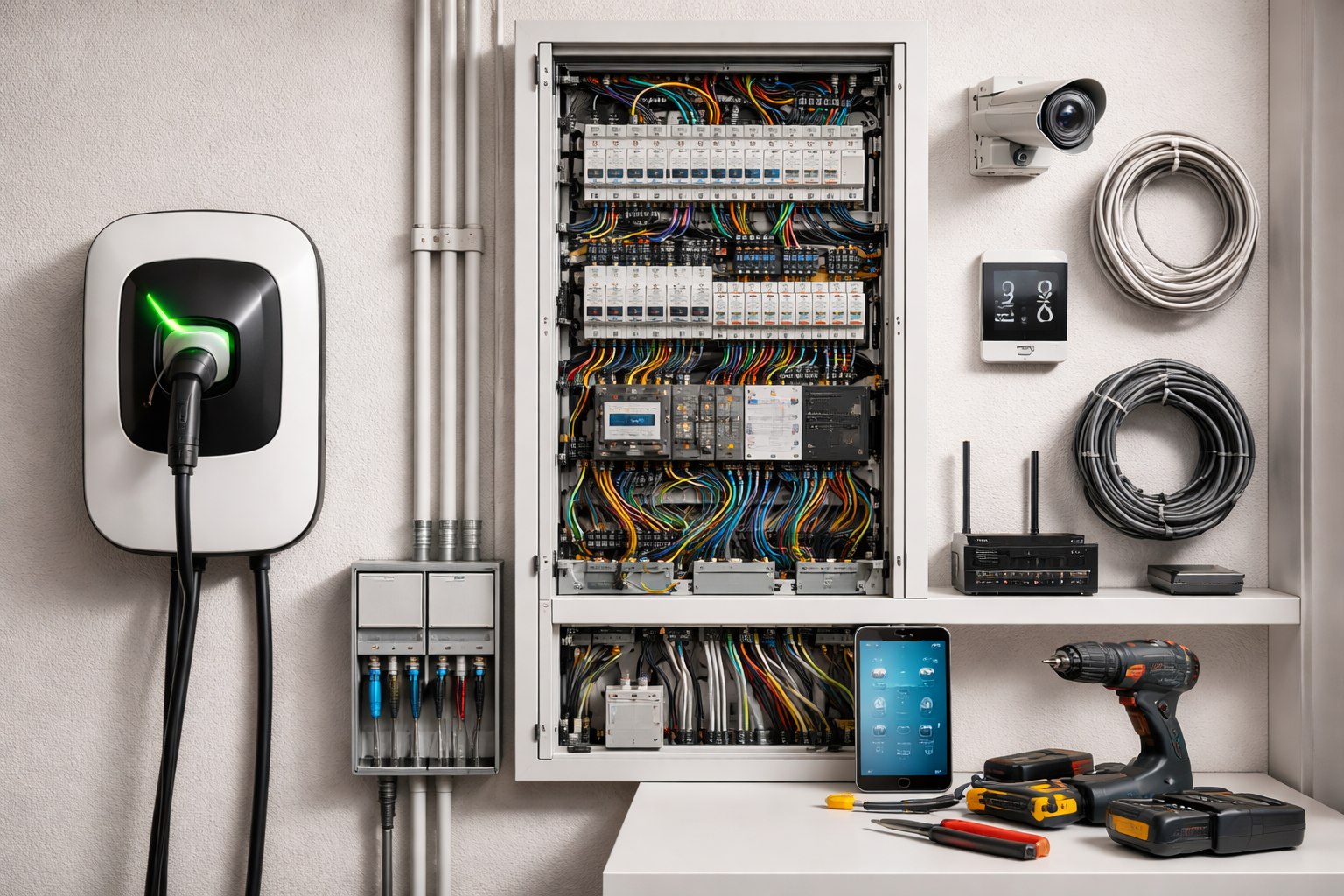 Ein Technikraum mit einem Elektroauto-Ladestationen, einem offenen Schaltfeld mit vielen Kabeln, einem Überwachungskamera, einem Temperatur- und Luftfeuchtigkeitsmessgerät, einigen Kabelspulen, einem WLAN-Router, einem Smartphone, einer Bohrmaschine sowie Schraubenziehern und anderem Werkzeug auf einer weißen Arbeitsfläche.