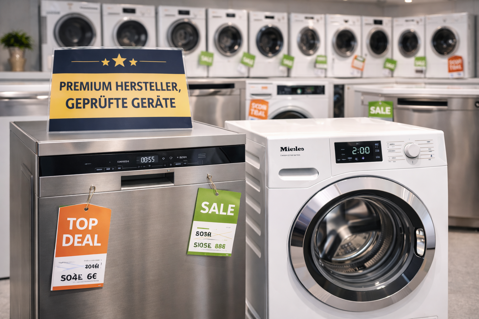 Waschmaschinen im Elektronikgeschäft mit Preisschildern und Hinweisen auf Angebote, darunter 'TOP DEAL', 'SALE' und 'PREMIUM HERSTELLER, GEPRÜFTE GERÄTE'.