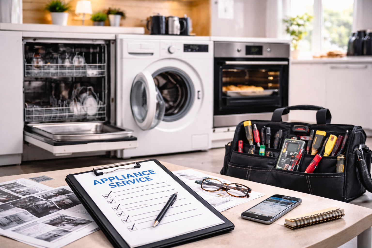 Werkzeugkoffer, Brille, Smartphone, Notizbuch und eine Checkliste für den Service von Haushaltsgeräten auf einem Tisch in einer Küche. Im Hintergrund Waschmaschine, Geschirrspüler, Backofen und Küchenutensilien.